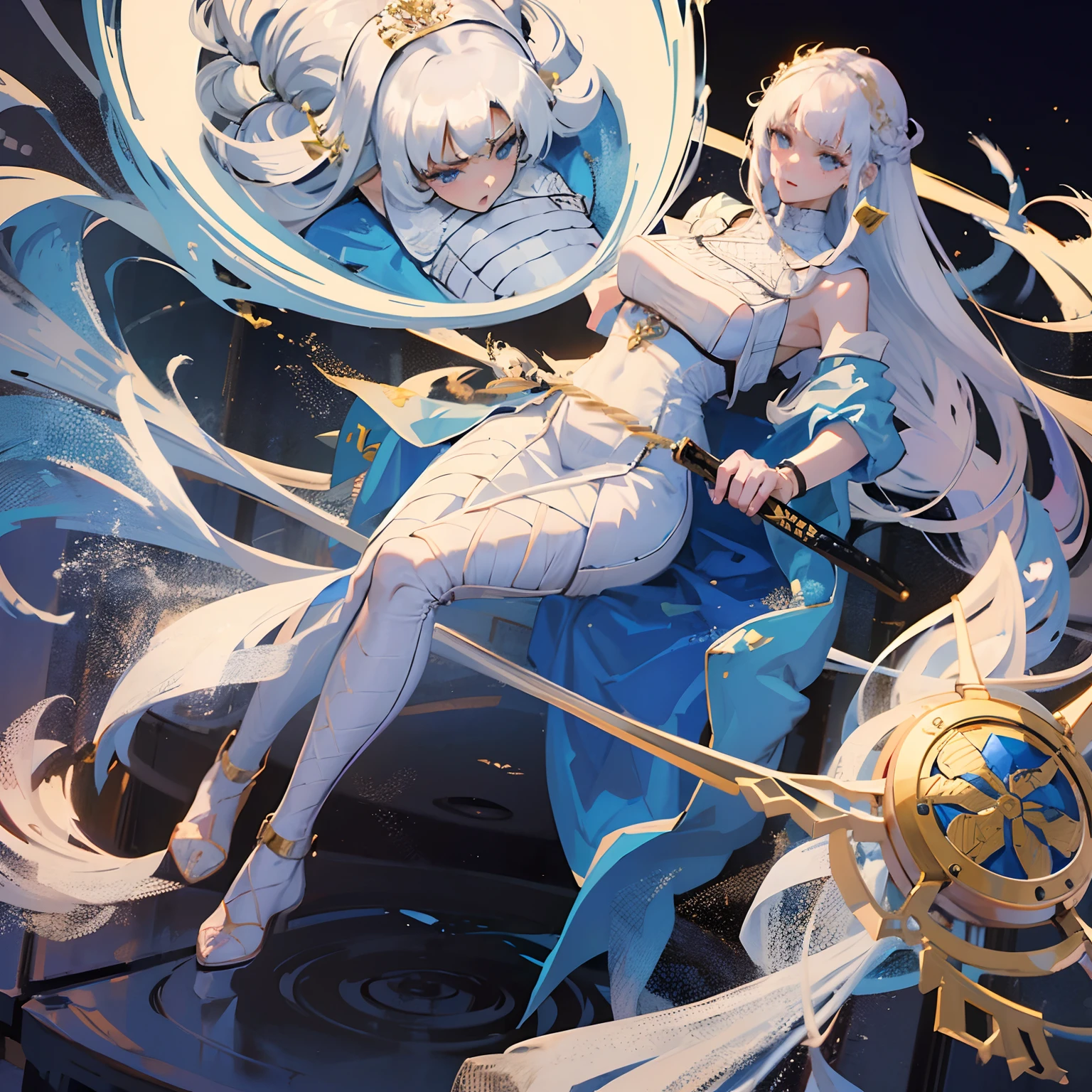 18-year-old royal sister,Tall and tall,Raised sexy,Long hair, White hair,Sharp eyes,Invincible look,National style martial arts,Hold your sword in a fighting position