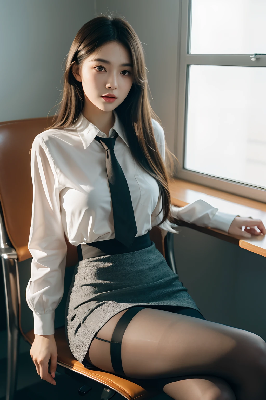 1girl,young girl, shiny skin,medium breasts,nice leg line:1.3, thin waist,school uniform, thighhighs,necktie,((pencil skirt)),looking at viewer,from below,( pantyhose:1.3),(The golden ratio figure),(Office, sit in a chair:1.3),Close range
masterpiece, best quality, best perspective, ultra-detailed and intricate, extremely delicate and beautiful, best quality light, (ray tracing:1.1), anti-aliasing,
realistic,photorealistic,award-winning illustration,(intricate details:1.2),(delicate detailed) (intricate details),(cinematic light,best quality Backlights),clear line,sharp focus,official art,unity 8k wallpaper,absurdres,incredibly absurdres,huge filesize,ultra-detailed,highres,extremely detailed extremely delicate and beautiful,RAW photo, professional lighting,dynamic lighting,light on the face,depthoffield,solofocus,