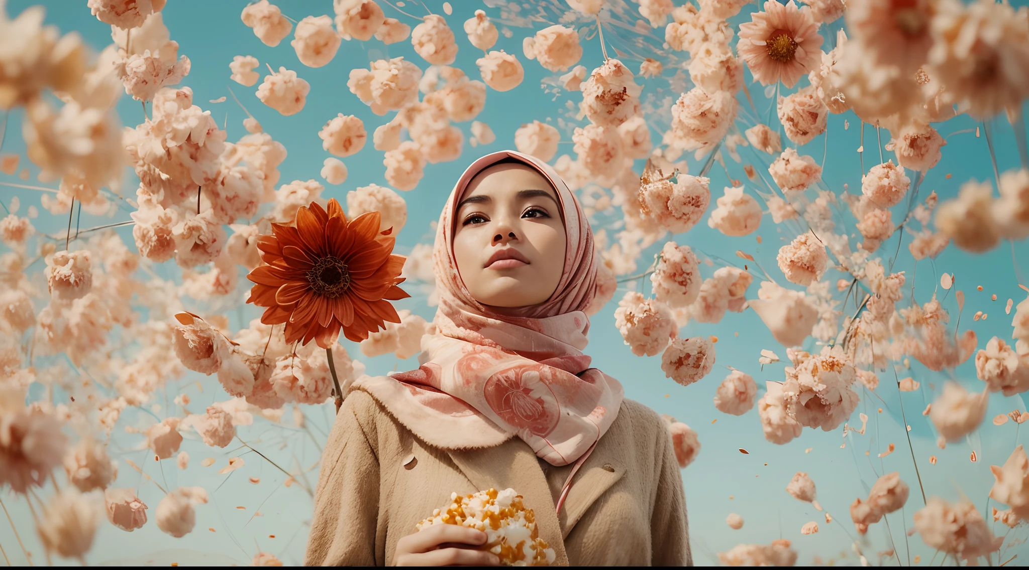 a beautiful malay young woman in hijab, is standing with large popcorn explosion in the background, popcorn flying in the air, in the style of mid sommar, fanciful, natural landscape , dreamlike imagery, captivating documentary photos, flowing fabrics, disintegrated, intricate, style raw, in the style of Grand Budapest Hotel directed by Wes Anderson , 50mm lense, handheld shot camera angle, High Contrast cinematography effect, Natural Lighting, vibrant color grading, high quality, ultra detail, 8k resolution,