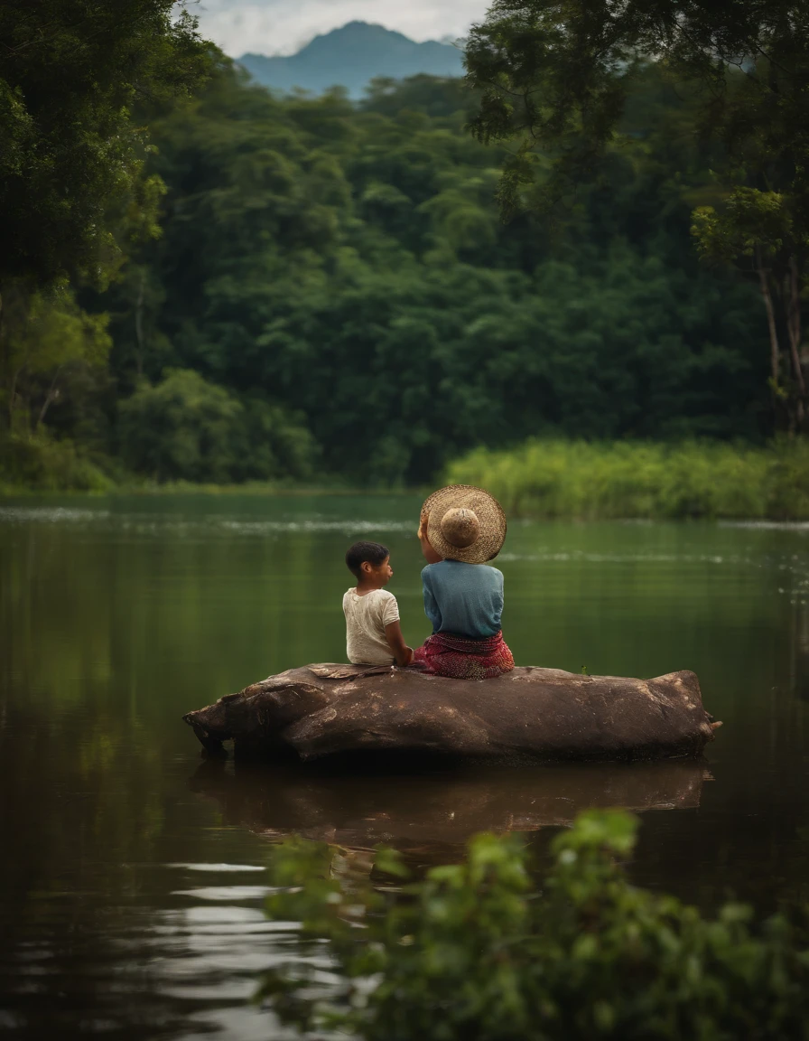 It shows a beautiful western lake and green fields..On one side of the lake there is a towering peak.,A little boy sitting in a gazebo., On the other side is a dense forest..All images are in vivid colors.、Refreshing & Natural,4K quality,Oil Painting,Photos in Thailand,The water is so clear that you can see the fish.,UHD,