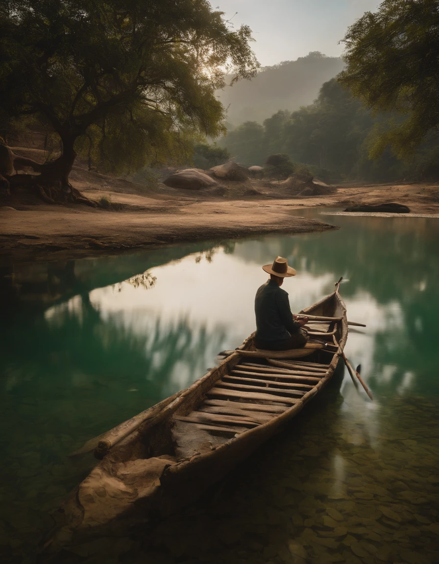 It shows a beautiful western lake and green fields..On one side of the lake there is a towering peak.,A little boy sitting in a gazebo., On the other side is a dense forest..All images are in vivid colors.、Refreshing & Natural,4K quality,Oil Painting,Photos in Thailand,The water is so clear that you can see the fish.,UHD,