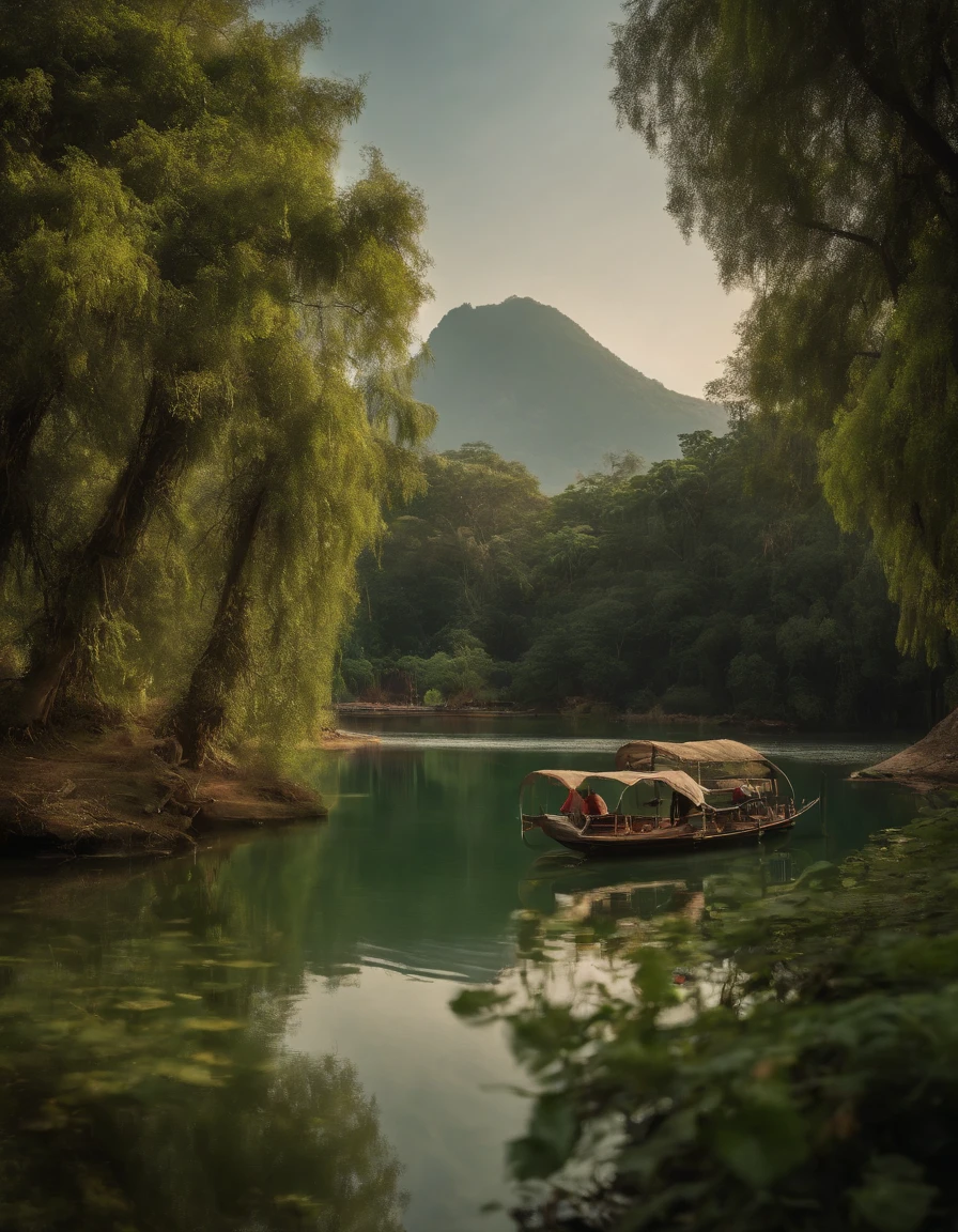 It shows a beautiful western lake and green fields..On one side of the lake there is a towering peak.,A sitting in a gazebo., On the other side is a dense forest..All images are in vivid colors.、Refreshing & Natural,4K quality,Oil Painting,Photos in Thailand,The water is so clear that you can see the fish.,UHD,