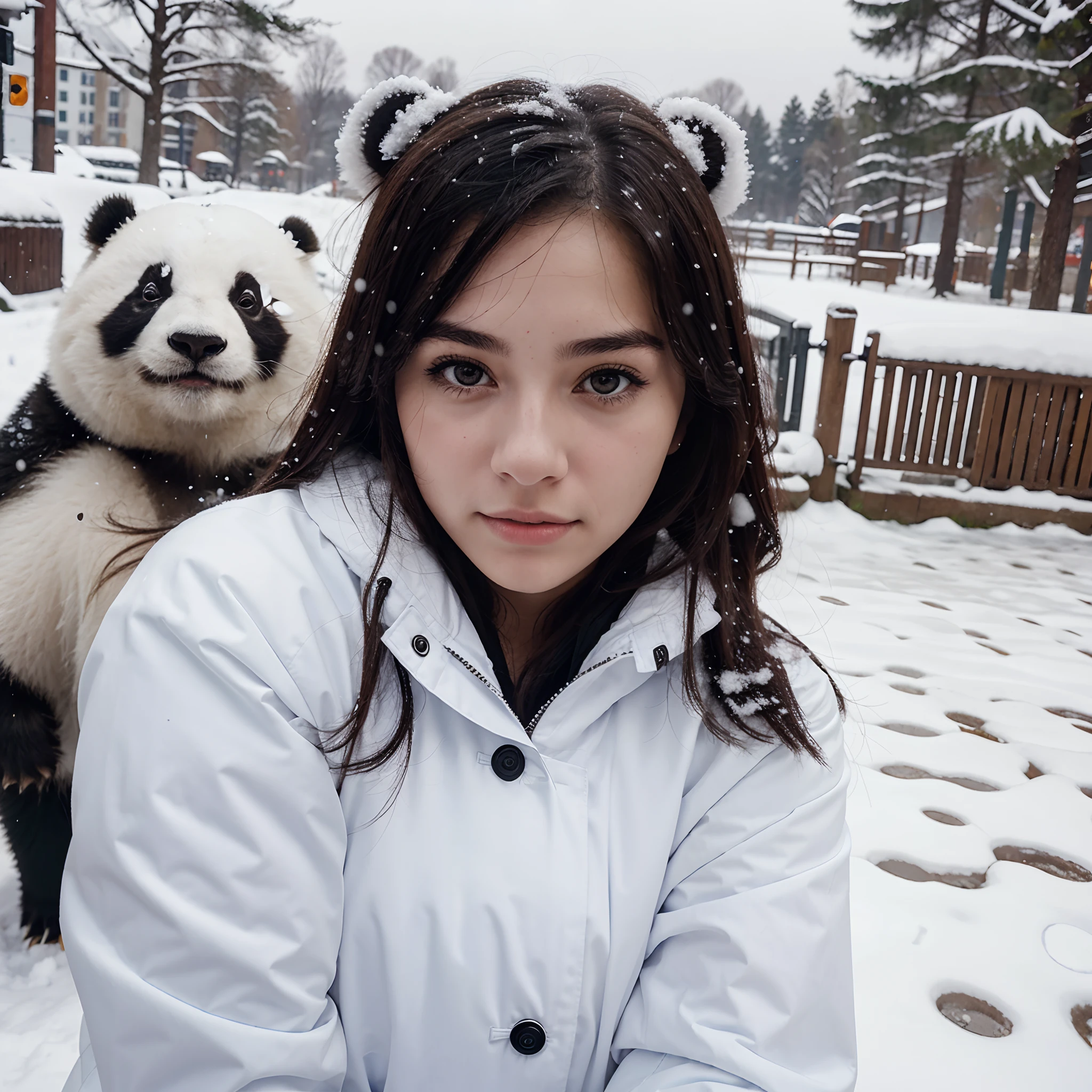 Portrait of an 18 year old woman taking a selfie with a panda at close range, wearing a jacket, snow background
