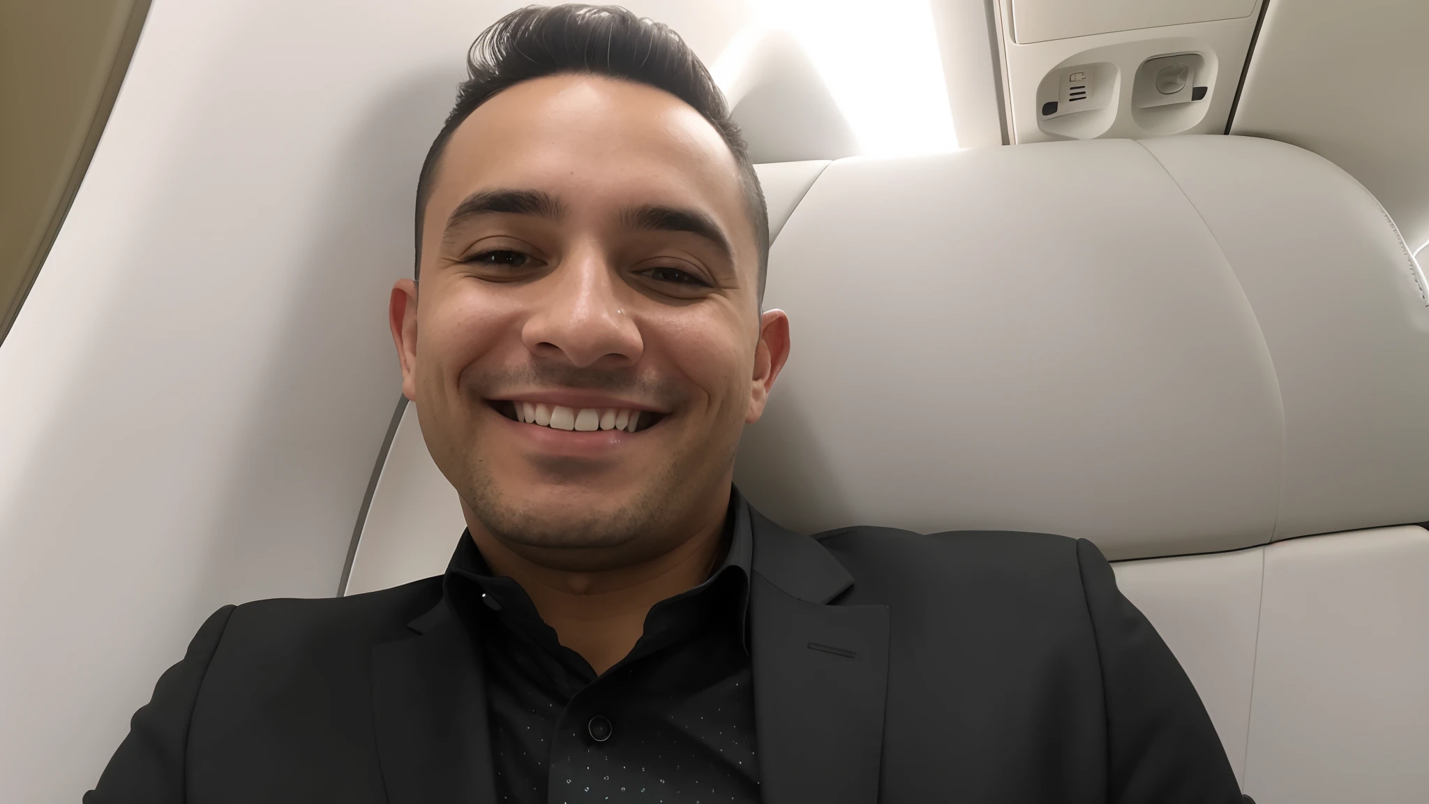 Smiling man in black suit and tie sitting on airplane seat, taken in the early 2020s, selfie de um homem, Fotografia selfie 8k, selfie shot straight on angle, foto selfie, vacation photo, relaxing and smiling at camera, muito ligeiramente sorridente, Fotografia tirada em 2 0 2 0, sorrindo de cima, parecendo feliz