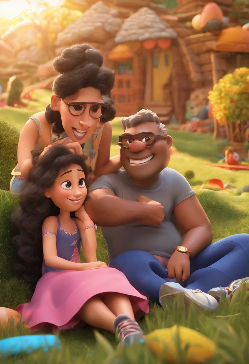 Foto familia pai negro careca de barba e oculos camiseta branca a mae mulher branca de cabeloa longos loiros sorrindo um casal de filhos de 8 anos cabelo preto cacheado tom de pele pouco menos escura que o pai a meninao preto longo mesma altura e idade que o irmao magra linda, estao passeio no parque felizes e sorrindo. Foto estilo Disney Pixar Animation