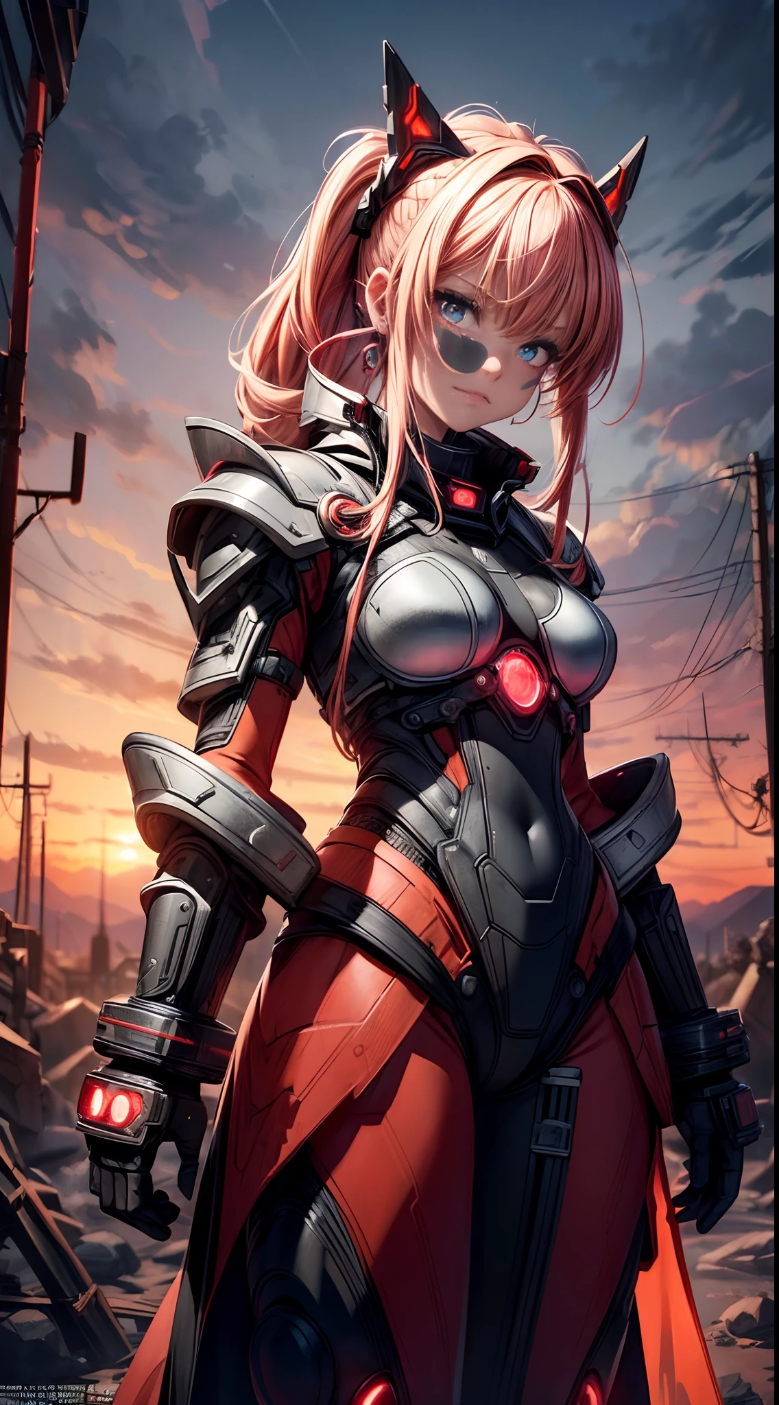((Best quality)), ((Masterpiece)), ((highly intricate detail)),Beautiful, High quality, A high resolution, absurderes, light difussion, Intricate details, Complex details, ((anime)), (anime:1.2) , (Perfect face:1.3), extreme detailed eyes, Colorful, highest details, Vibrant colors, High contrast, (8K Ultra HD:1.2), (Photorealistic:1.2),(Masterpiece:1.4), (Best quality:1.4),extremelydetailedwallpaper, Highly detailed illustrations, (1 girl), (BEST lighting) , (ultra intricately detailed) , 4k unity, (super-detailed CG: 1.2) , (8K: 1.2),(Original), (Masterpiece) , (Best quality) , (reality: 1.3) , Photorealistic, Octane rendering, (Surreal: 1.2) , 1girll, standing, Burning, Combat dress, mechanicalparts, Glowing red neon armor, Red braided hair, Nuclear dust landscape, (Sunset), Lightning, Dark sky, Night sky, full bodyesbian, stand posture, Intersex lighting, Strong lighting, Reflective armor, cybernetic parts, Cyborg, fur-trimmed coat, (Light particles), red flames, Earrings, Red Ribbon Negative Tips: (EasyNegative:1.2)