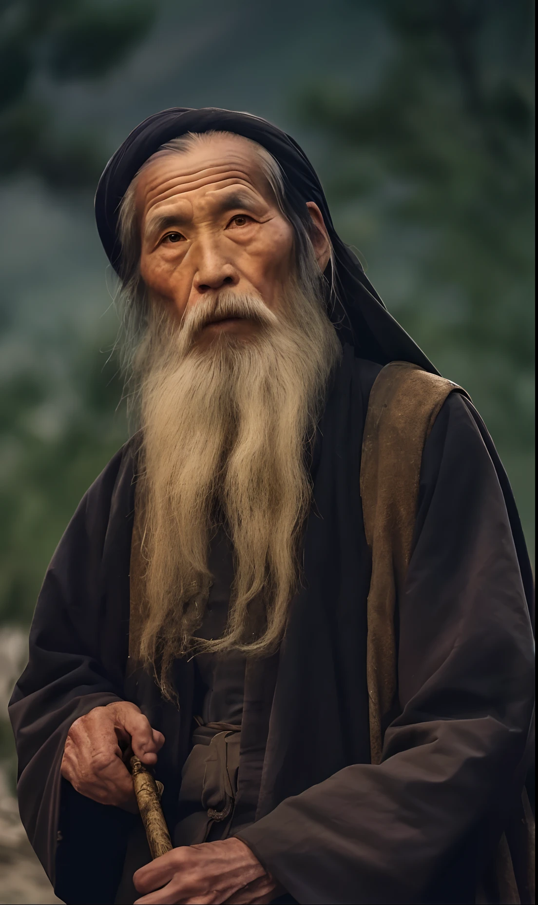 A man with a long beard and crutches, Wise old man, An old man, Inspired by Hu Zaobin, inspired by Hu Zao, inspired by Wu Daozi, old man, Taoist, old man portrait, portrait of monk, ancient japanese monk, inspired by Lu Zhi, author：Cheng Zhengkui, Asian people