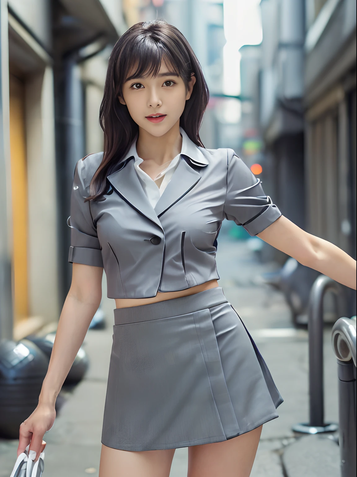 (top-quality、8K、​masterpiece:1.2),  (Cute Japan Beautiful Girl、18year old:1.4)、(Neat and beautiful face、the golden ratio:1.5)、 (Very fine eye definition, Symmetrical eyes:1.3), (Brown eyes, Parted bangs, Lustrous black hair:1.2)、(Perfect body without contradiction、Perfect limbs without contradiction:1.7)、(shinny skin:1.2)、(Beautiful large breast:1.6)、(Constricted waist:1.5)、(Gray tight business suit、White collared shirt、Gray tight mini skirt:1.4) 、pumps、(bending forward、sexypose:1.5)、(Looking at the camera:1.3)、outside of house、(Empty alleys in an empty office district:1.2)、the wind、optic、blurry backround