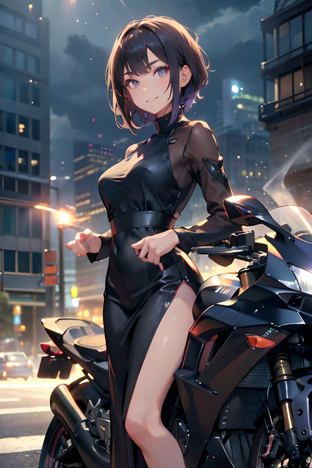 a 20 yo woman、Brown hair、Bery short hair、Big smile、Purple long dress(hi-top fade:1.3)、dark themed、Muted Tones、Subdued Color、highly contrast、(natural skin textures、Hyper-Realism、Soft light、sharp) top-quality、8K、hight resolution、​masterpiece、(portlate:0.6)、A Kawasaki motorcycle the city at high speed,(slow motion:1.3),(Motion blur:1.3),(speed lines:1.4),sense of speed,1girl,Sparks and smoke coming out of tires、A dark-haired、middle hair、(evil grin:1.3)、(Look at viewers:1.3)、(bokeh dof)、18year old、