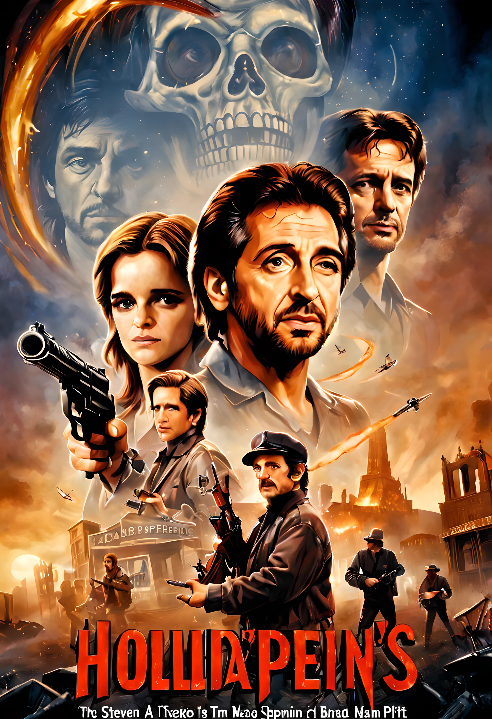(The movie poster of holliday family movie:1.5), (movie poster style illustration:1.5), (movie title:1.5), (logo:1.5), (sproncer's logo:1.5), (texe:1.5), ((text:2)), (title:1.5), (Movie of Steven Spielberg:1.5), (starring Al Pacino, Emma watson, and Brad Pitt:1.5),