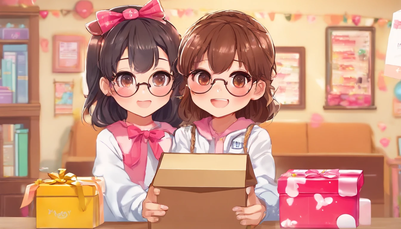 A black, Long haired girl with brown eyes and white glasses, Happy opening the surprise box