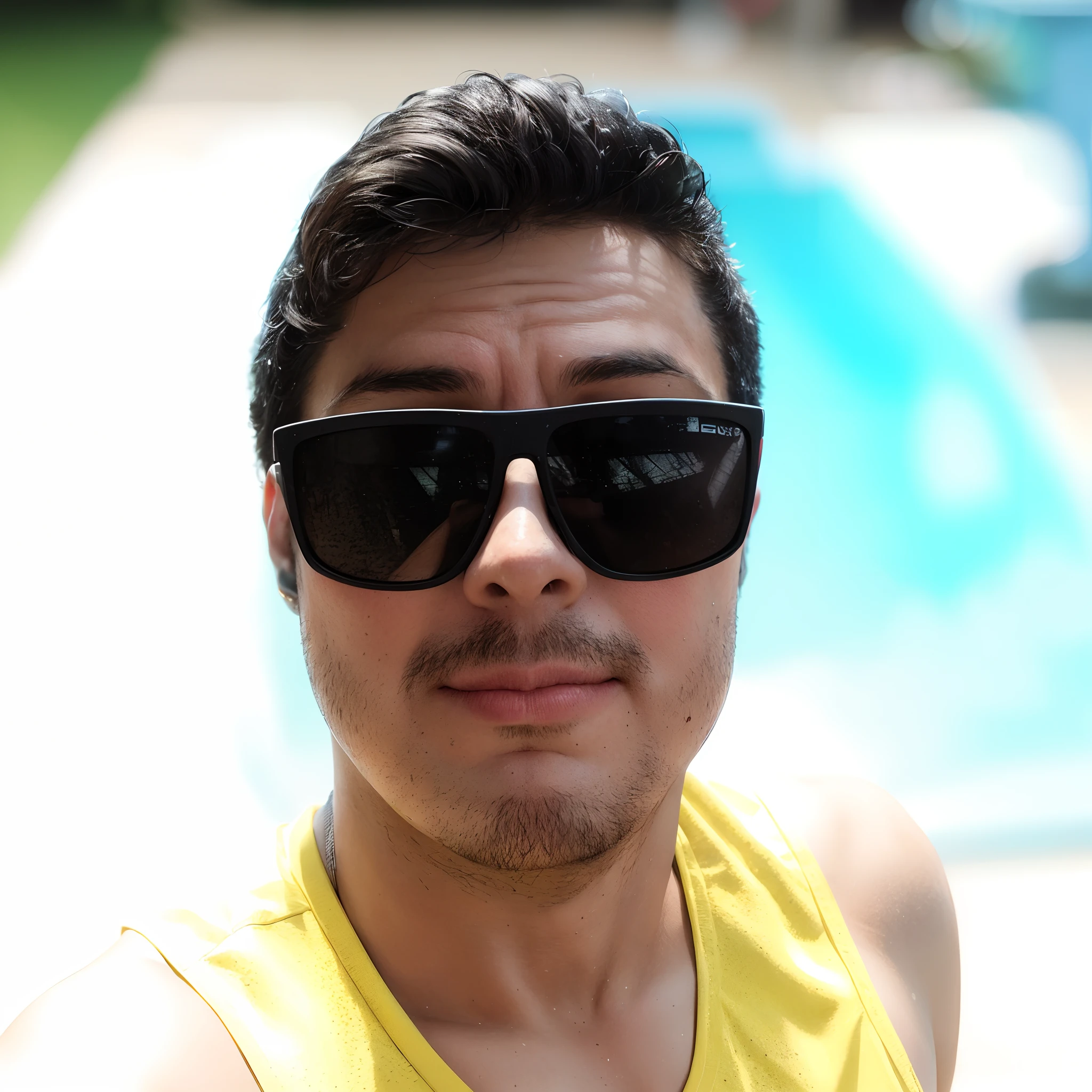 There's a man wearing sunglasses and a yellow tank top, 2 7 anos, 2 8 anos, 2 9 anos, 3 2 anos, 2 3 anos, with sun glasses, 2 4 anos, 38 anos, 35 anos, 3 5 anos, 2 2 anos, (38 anos)