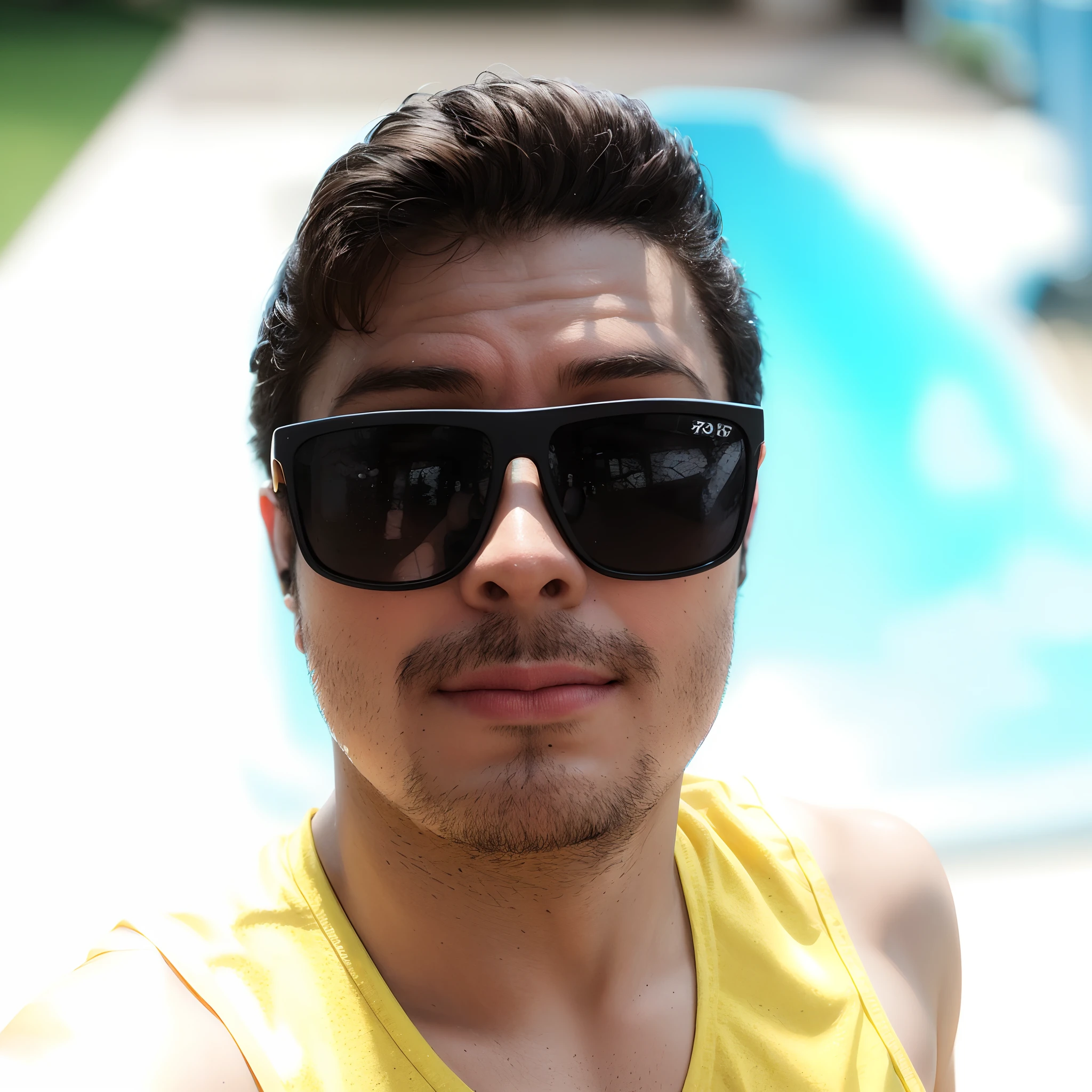 There's a man wearing sunglasses and a yellow tank top, 2 7 anos, 2 8 anos, 2 9 anos, 3 2 anos, 2 3 anos, with sun glasses, 2 4 anos, 38 anos, 35 anos, 3 5 anos, 2 2 anos, (38 anos)