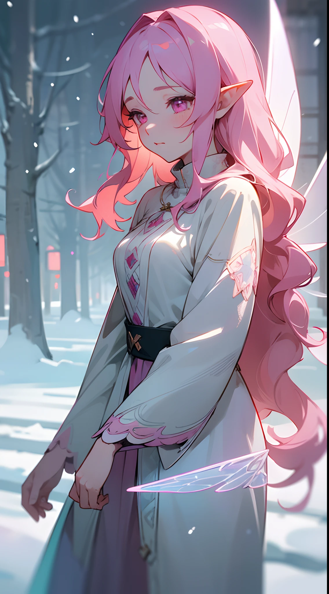 Beautiful woman , very long hair , wavy hair , pink eyes , pink hair , pale skin , elf ears , ((has fairy wings:1 )), age 23 


(masterpiece, best quality:1.3),beautiful detailed glow,best illuminate,(((best quality,textile shading,ultra detailed))),extremely detailed CG unity 8k wallpaper,Highly Detailed beautiful and aesthetic,best light,high resolution,detailed,dynamic lighting , 1Character ,  pastel washed out colors , cell shade , soft, muted shades ,gentle colors ,

Outside scene, scene of a Seinen anime , movie quality, snowing , walking in a city , snow on the ground , winter clothes ,