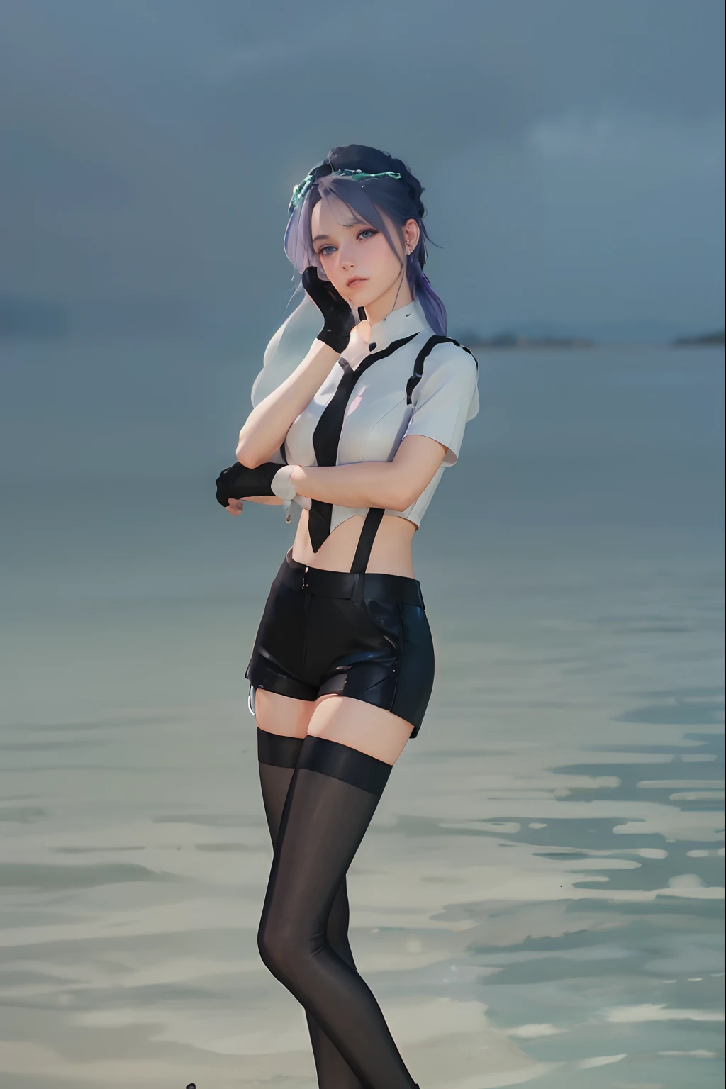 The tooltip for a given topic is as follows: "Girl with a European face, Aryan face, 20years old, Silvery-purple hair, pale purple-blue hair, Bright blue eyes, Her hair is tied up in a bun and falls to her right shoulder. Dressed in a comfortable leather suit, ((black shorts)), Black Leather Leggings, (((clothes in dark colors))), close-fitting clothes, (Best Quality, 4k, 8K, hight resolution, Masterpiece:1.2) Ultra-detailed features, including realistic, Photorealistic eyes and face. The figure shows the media (Insert Material) that resembles an illustration, oil painting, or 3D rendering. Girl in the garden with bright flowers and sharp focus, soft studio lighting. The overall atmosphere is calm and serene, with a touch of unearthly beauty. The color scheme is dominated by shades of black, Creating a dreamy and surreal aesthetic."