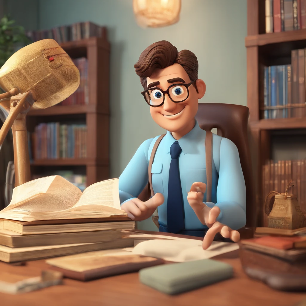 Crie um cartaz inspirado na Disney Pixar com o personagem sendo blue oyo o pastor Rubens Janier, A brown-haired man wearing glasses, in an office with a Bible on the table