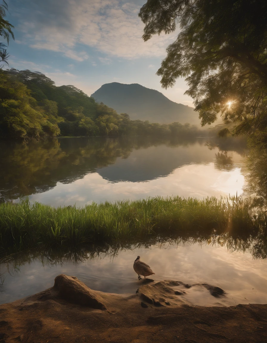 It shows a beautiful western lake and green fields...On one side of the lake there is a towering peak..,A sitting in a gazebo.., On the other side is a dense forest...All images are colorful..、refreshing & natural,4K quality,oil painting,Photos in Thailand,The water is so clear that you can see the fish..,UHD,Morning atmosphere, RAW photography, (((Very beautiful images.))), (Very beautiful images.))), , , ((, ((masterpiece, bestquality, ultra-detail, cinematic lights, intricate detailed, high-res, 10, Very detailed)), Detailed Background, 10 UHD, DSLR, gentle lighting, High Quality, grain of film, Fujifilm XT3, shallow depth of field, natural light, perfect composition