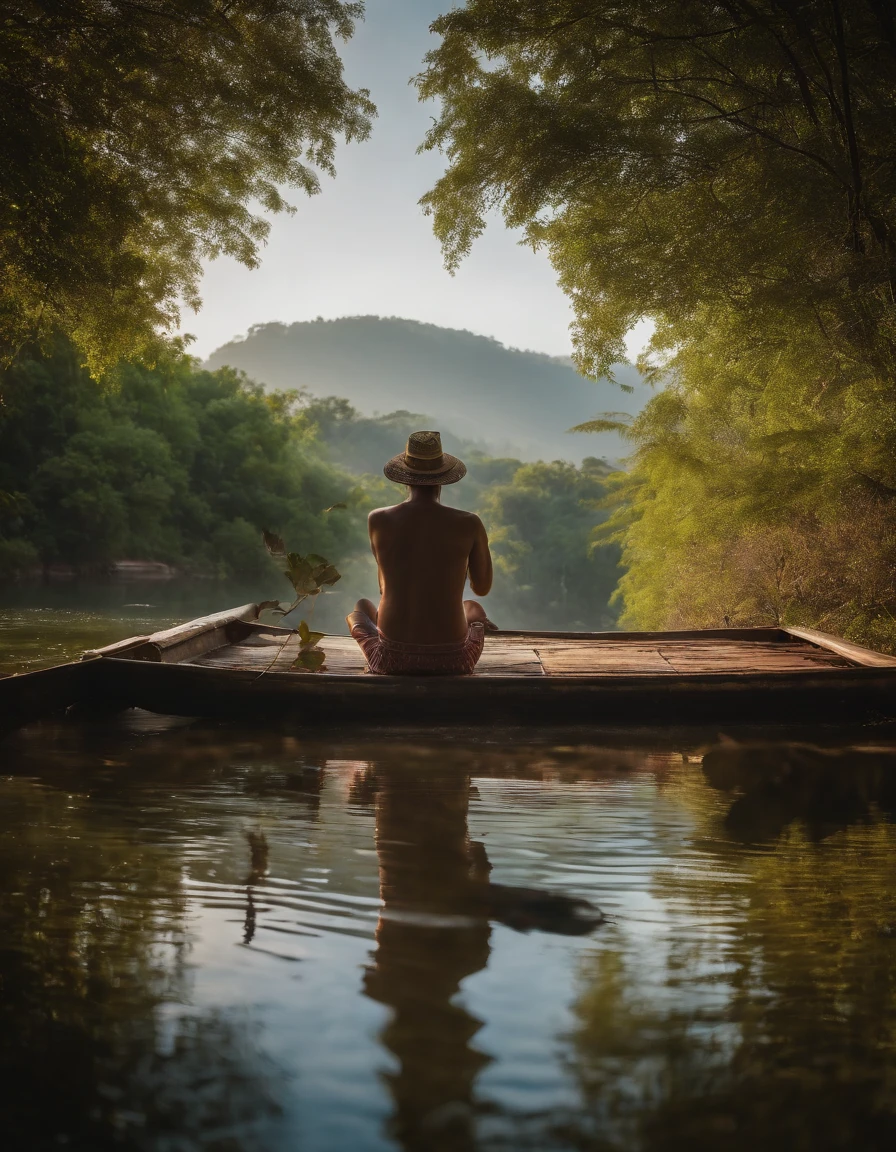 It shows a beautiful western lake and green fields...On one side of the lake there is a towering peak..，A  sitting in a gazebo.., On the other side is a dense forest...All images are colorful..、refreshing & natural，4K quality，oil painting,Photos in Thailand,The water is so clear that you can see the fish..,UHD,Morning atmosphere, RAW photography, (((Very beautiful images.))), (Very beautiful images.))), , , ((, ((masterpiece, bestquality, ultra-detail, cinematic lights, intricate detailed, high-res, 10, Very detailed)), Detailed Background, 10 UHD, DSLR, gentle lighting, High Quality, grain of film, Fujifilm XT3, shallow depth of field, natural light, perfect composition