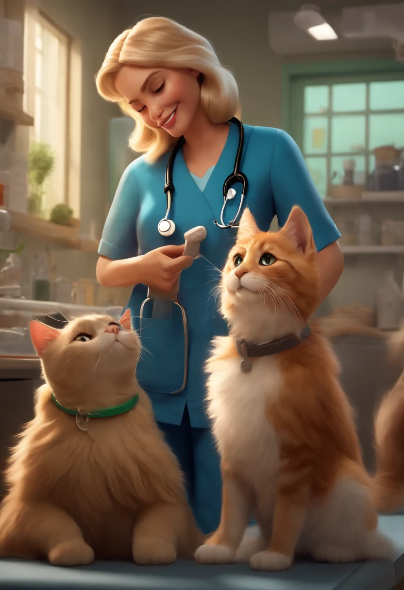 Create a pixar-style character blonde veterinarian using scrubs and a stethoscope, segurando um frasco de medicamento de cannabis, with medium hair, Hazel brown eyes, com cachorro e gato com ela