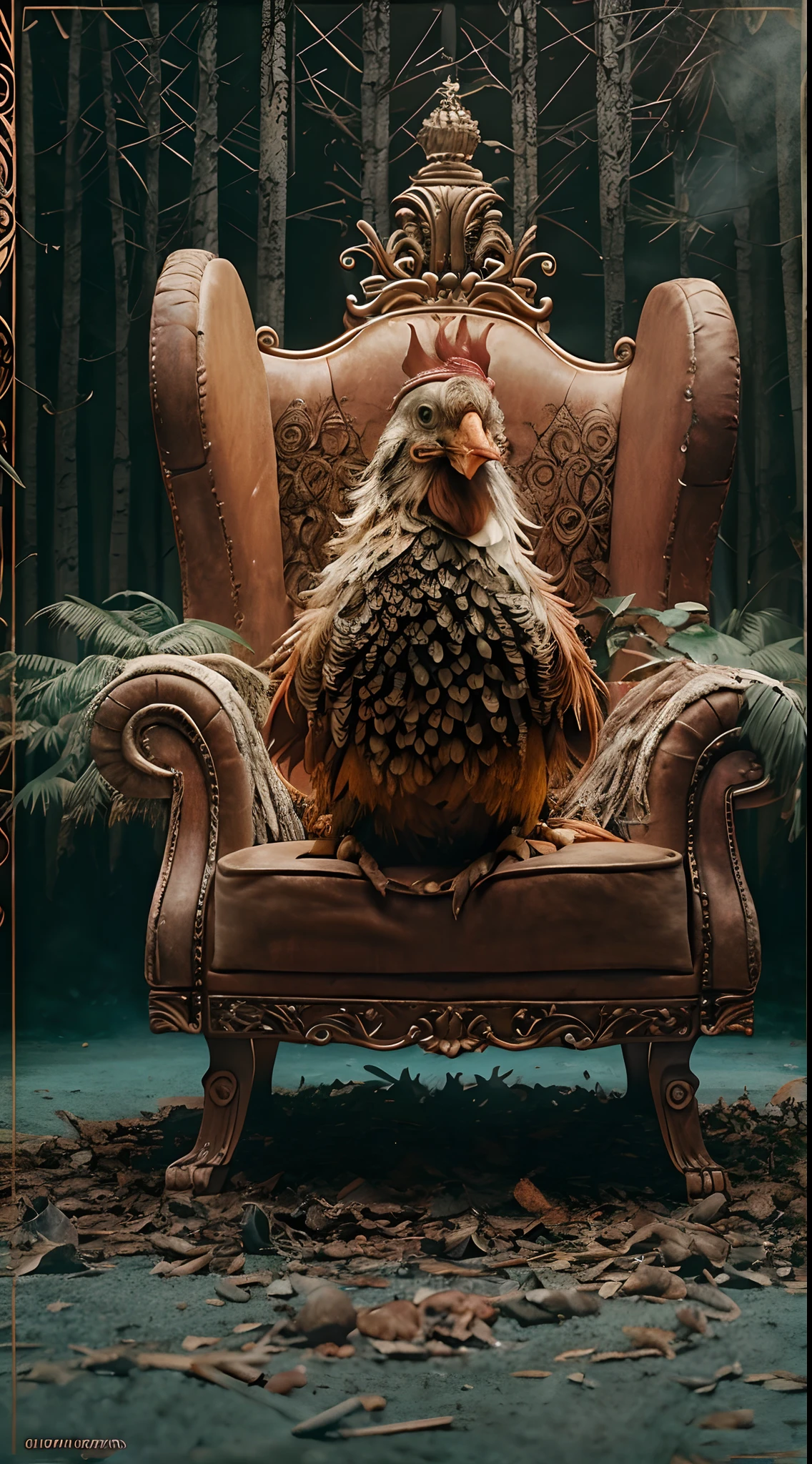 Create a chicken in smoking cigar and seat on a throne while lot of money is falling from the sky, money scatered, dark ambient, mystical forest background, style raw, style raw, in the style of Grand Budapest Hotel directed by Wes Anderson , low saturation, Super 8mm lens, Low angle shot, High Contrast cinematography effect, Natural Lighting, Desaturate color grading, high quality, ultra detail, 8k resolution,