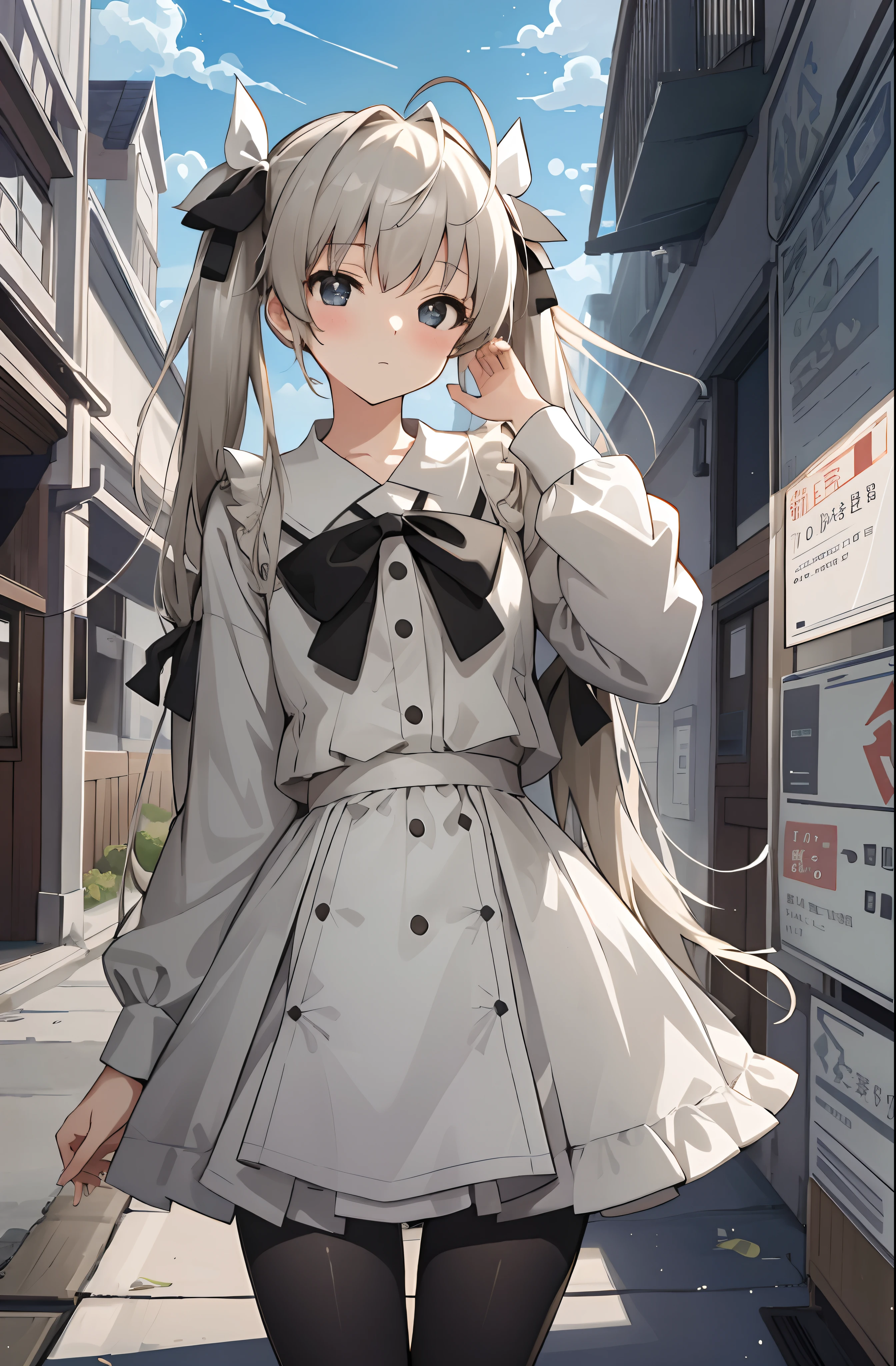 （Masterpiece，best qualtiy，A high resolution：1.5），1girl，high school senior，white skinned，Gray-black pupils，twintails，lacepantyhose，shift dresses，Delicate face，School Background，The light is bright，Sora Kasugano，Animated illustration style，pixiv popular