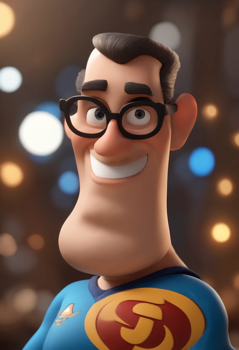 Cartoon character of a man wearing black glasses and a blue shirt, um personagem animado, Caractere estilizado, animation style rendering, 3D estilizado, Arnold Maya render, 3 d render stylized, toon render keyshot, Personagem 3D, Personagem 3D, 3d rendering stylized, 3 d character render, personagem de desenho animado, Personagem de close up, Pose de personagem, (Estilo Pixar) (master part:1.2) (Bokeh) (best quality) (pele detalhada) (textura detalhada) (8k) (argila) (Cinematic lighting) (foco nítido,Senta e vaza a parte superior do corpo