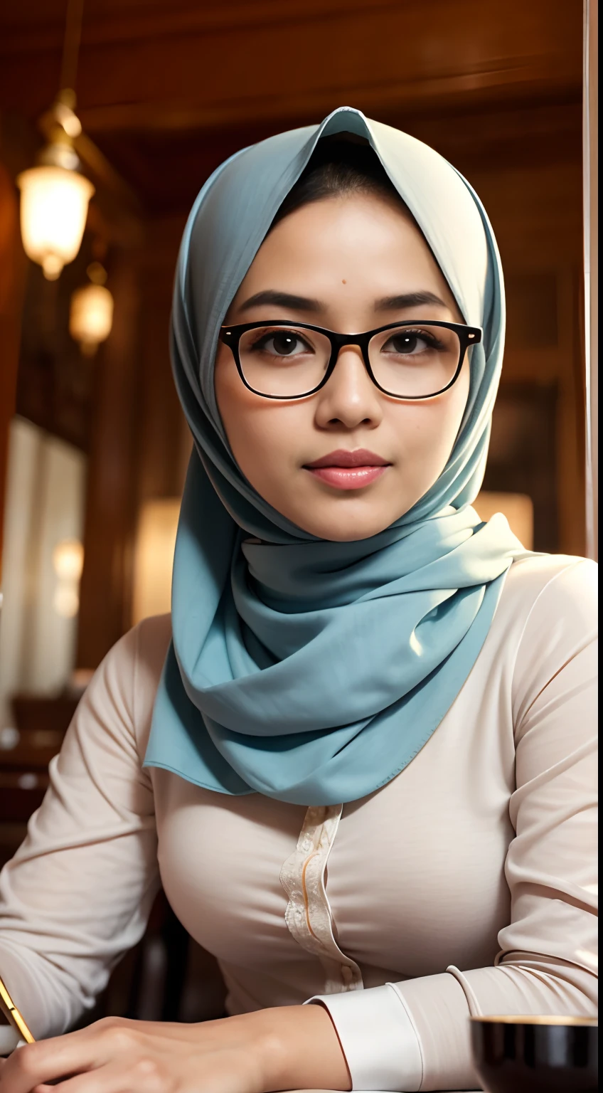 (iu:0.8),((small breast)),  chubby, RAW, Best quality, high resolution, Masterpiece: 1.3, Beautiful glasses javanese woman in translucent hijab, Masterpiece, Perfect slim body, Beautiful big eyes, Soft smile, university