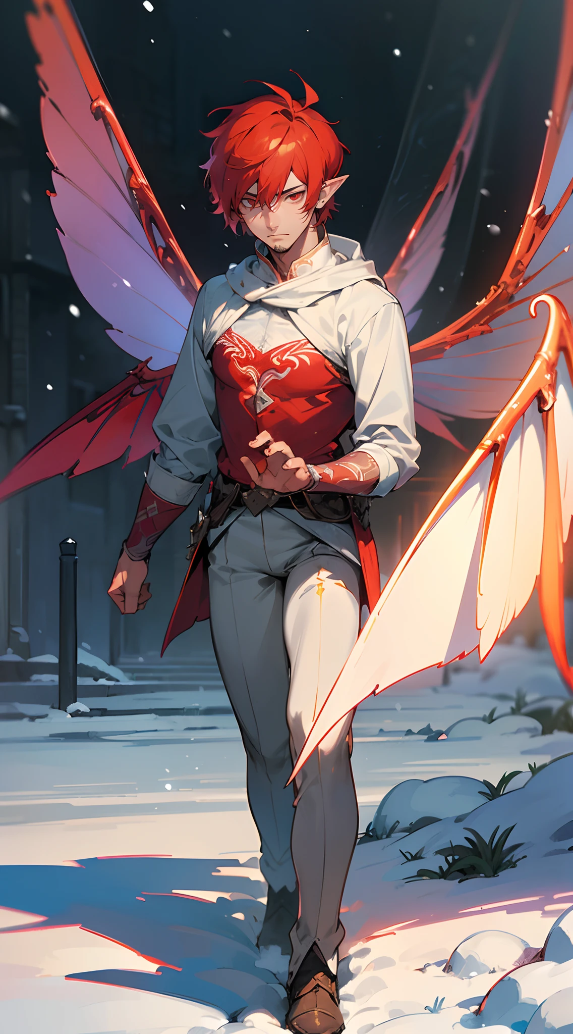 Handsome man , tall, lean ,((muscular body1:1)) , ((has facial stubble:1.1)) , red hair , ((very short hair:1.3)) , red eyes , ((has fairy wings:1.3)), masculine , red eyes, elf ears ,((male:1.2)),((two wings:1)) , age 32
(masterpiece, best quality:1.3),beautiful detailed glow,best illuminate,(((best quality,textile shading,ultra detailed))),extremely detailed CG unity 8k wallpaper,Highly Detailed beautiful and aesthetic,best light,high resolution,detailed,dynamic lighting , 1Character , pastel washed out colors , cell shade , soft, muted shades ,gentle colors ,
Outside scene, scene of a Seinen anime , movie quality, snowing , walking in a city , snow on the ground , winter clothes ,