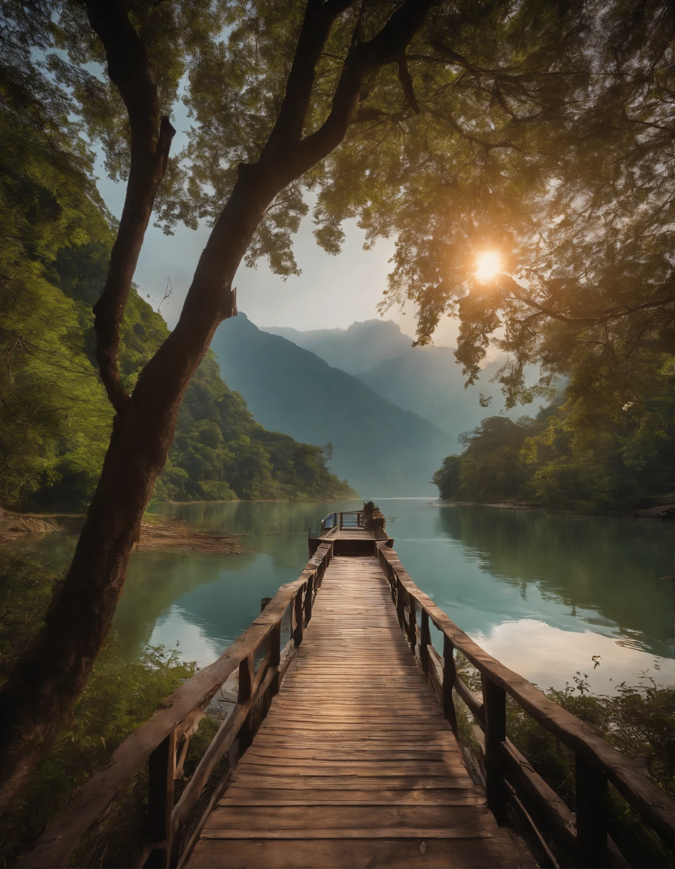 It shows a beautiful western lake and green fields...On one side of the lake there is a towering peak..,A little boy sitting in a gazebo.., On the other side is a dense forest...All images are colorful..、refreshing & natural,4K quality,oil painting,Photos in Thailand,The water is so clear that you can see the fish..,UHD,Morning atmosphere, RAW photography, (((Very beautiful images.))), (Very beautiful images.))), , , ((, ((masterpiece, bestquality, ultra-detail, cinematic lights, intricate detailed, high-res, 10, Very detailed)), Detailed Background, 10 UHD, DSLR, gentle lighting, High Quality, grain of film, Fujifilm XT3, shallow depth of field, natural light, perfect composition