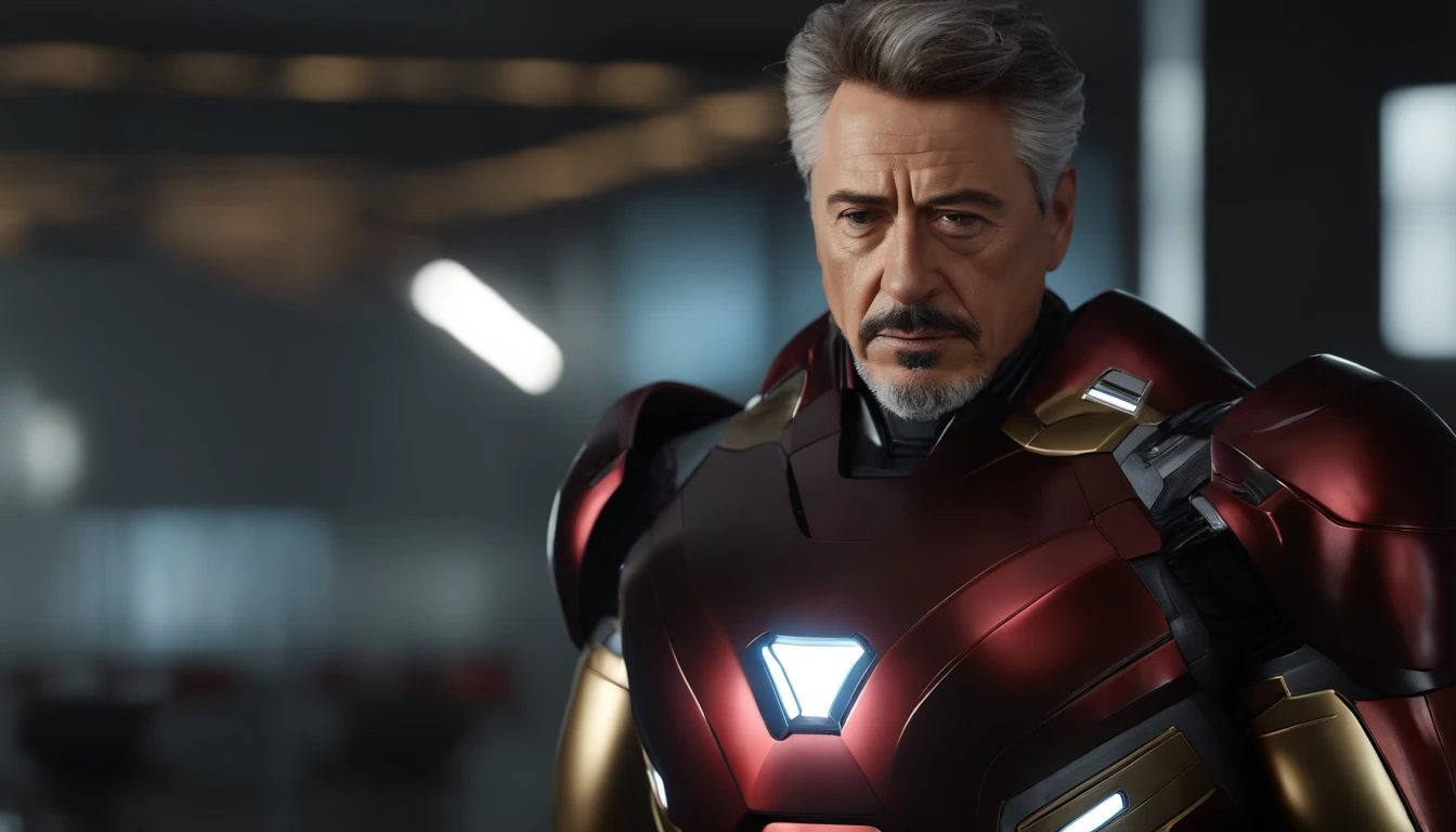 Marvel, Old man Tony Stark, realistically, dynamic lights, old, gray stubble, full shoot, (extremely detailed CG unity 8k wallpaper), trending on ArtStation, trending on CGSociety, High Detail, Sharp focus, dramatic, photorealistic
