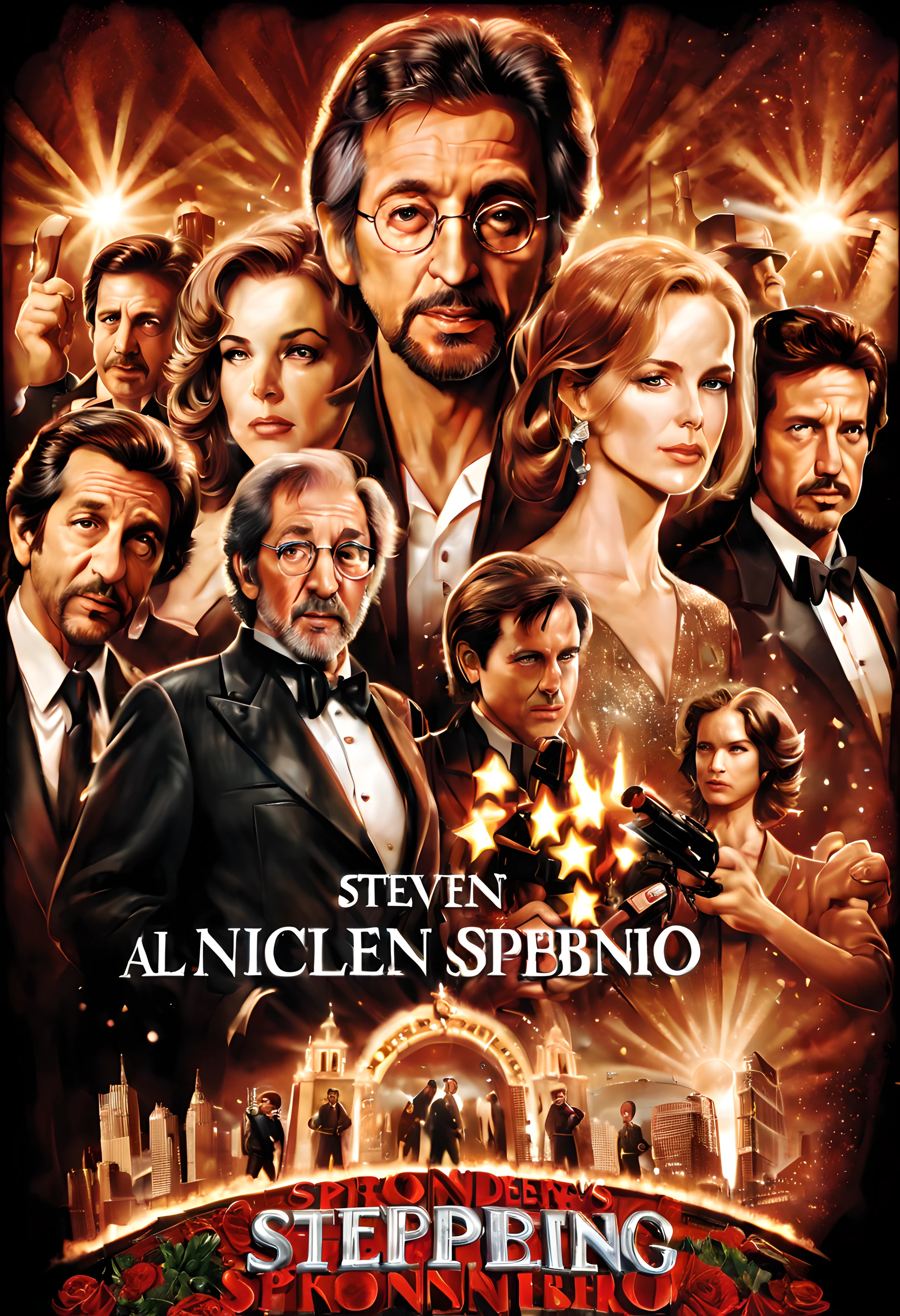 (The movie poster of holliday family movie:1.5), (movie poster style illustration:1.5), (movie title:1.5), (logo:1.5), (sproncer's logo:1.5), (texe:1.5), ((text:2)), (title:1.5), (Movie of Steven Spielberg:1.5), (starring Al Pacino, Nicole Kidman, and Brad Pitt:1.5),
