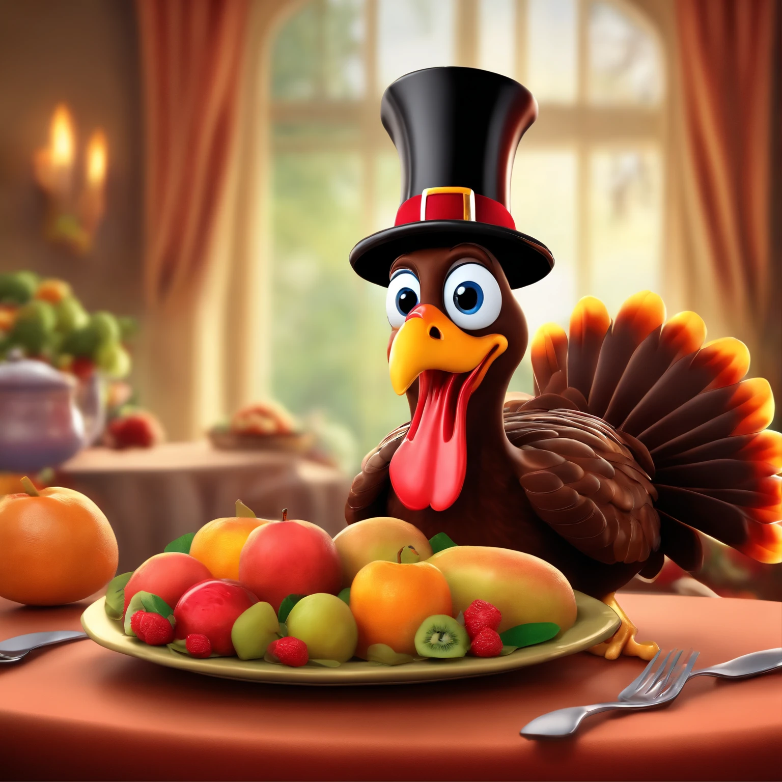 caricature of a cartoon style turkey sitting behind a table with a pilgrims' hat holding a fork and knife and in front of him fruit and sweets,  3D character, Disney character, 3D character animation, ultra-detailed expressions