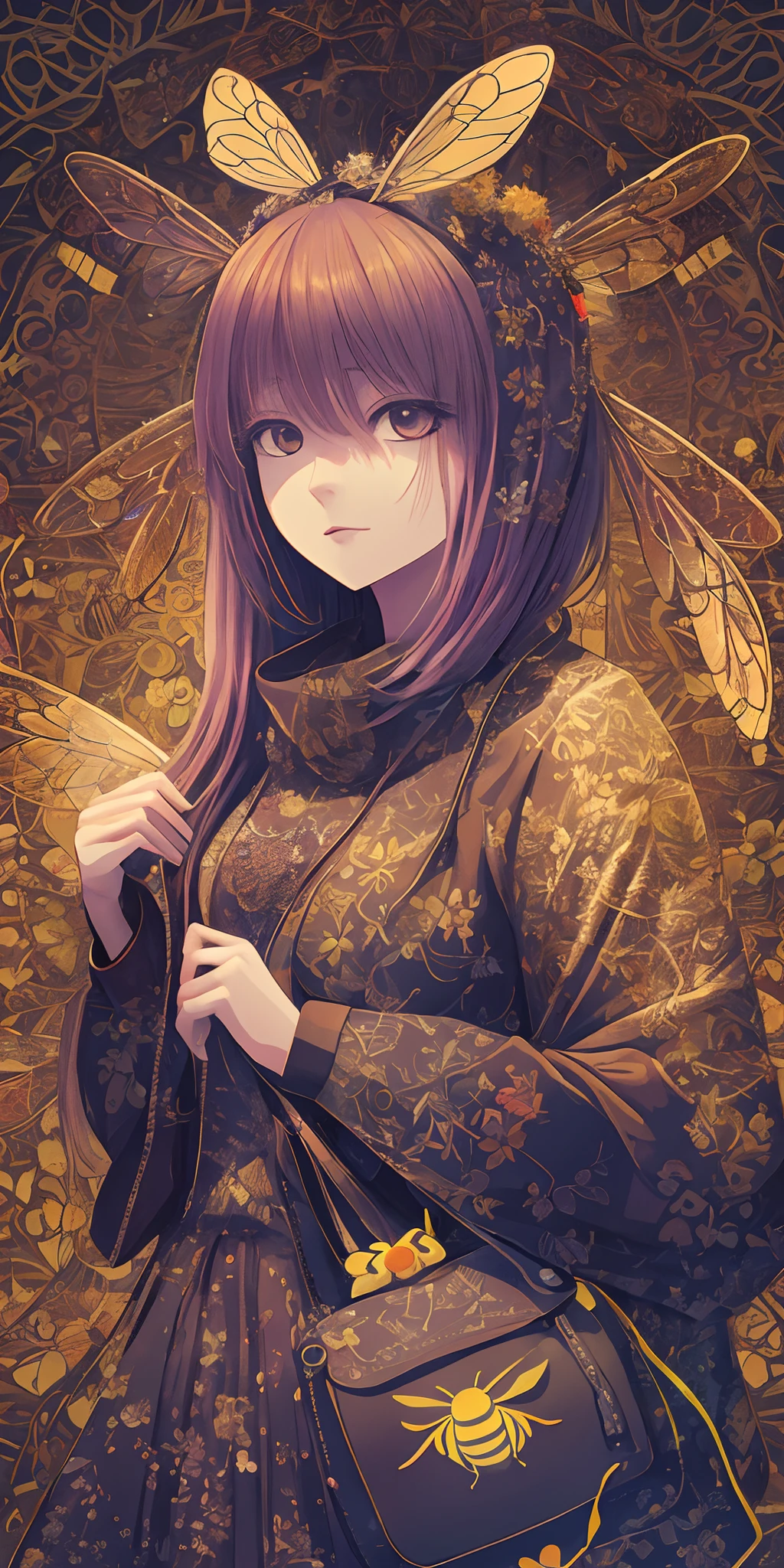 Imagine an anthropomorphized bee clutching a leather bag in a digital illustration style. Channeling the artistry of Yoshitaka Amano, the scene portrays the bee in an intricate, otherworldly setting. Cool color palette, enigmatic facial expressions, dramatic lighting, and an aura of mystery --auto --s2