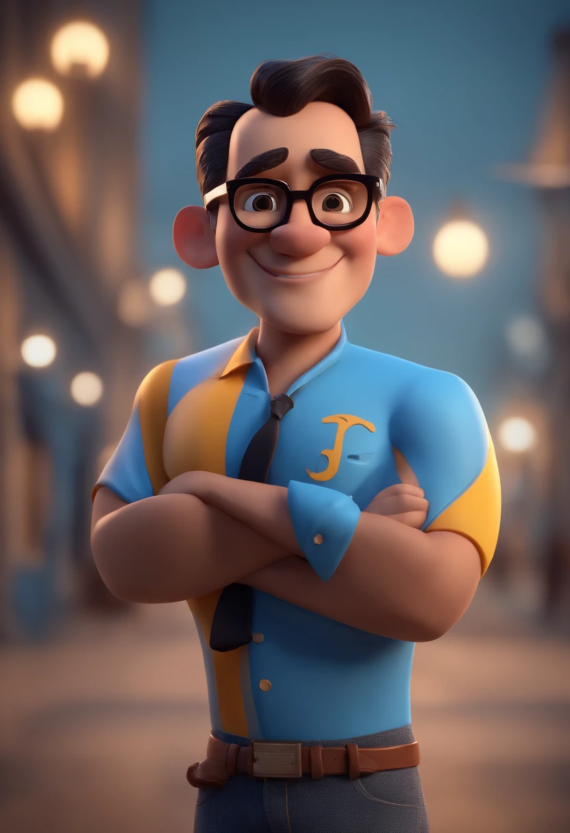 Cartoon character of a man with black glasses and a blue shirt, animation character, Caractere estilizado, animation style rendering, 3D estilizado, Arnold Maya render, 3 d render stylized, toon render keyshot, Personagem 3D, Personagem 3D, 3d rendering stylized, 3 d character render, personagem de desenho animado, Personagem de close up, Pose de personagem, (Estilo Pixar) (master part:1.2) (Bokeh) (best quality) (pele detalhada) (textura detalhada) (8k) (argila) (Cinematic lighting) (foco nítido