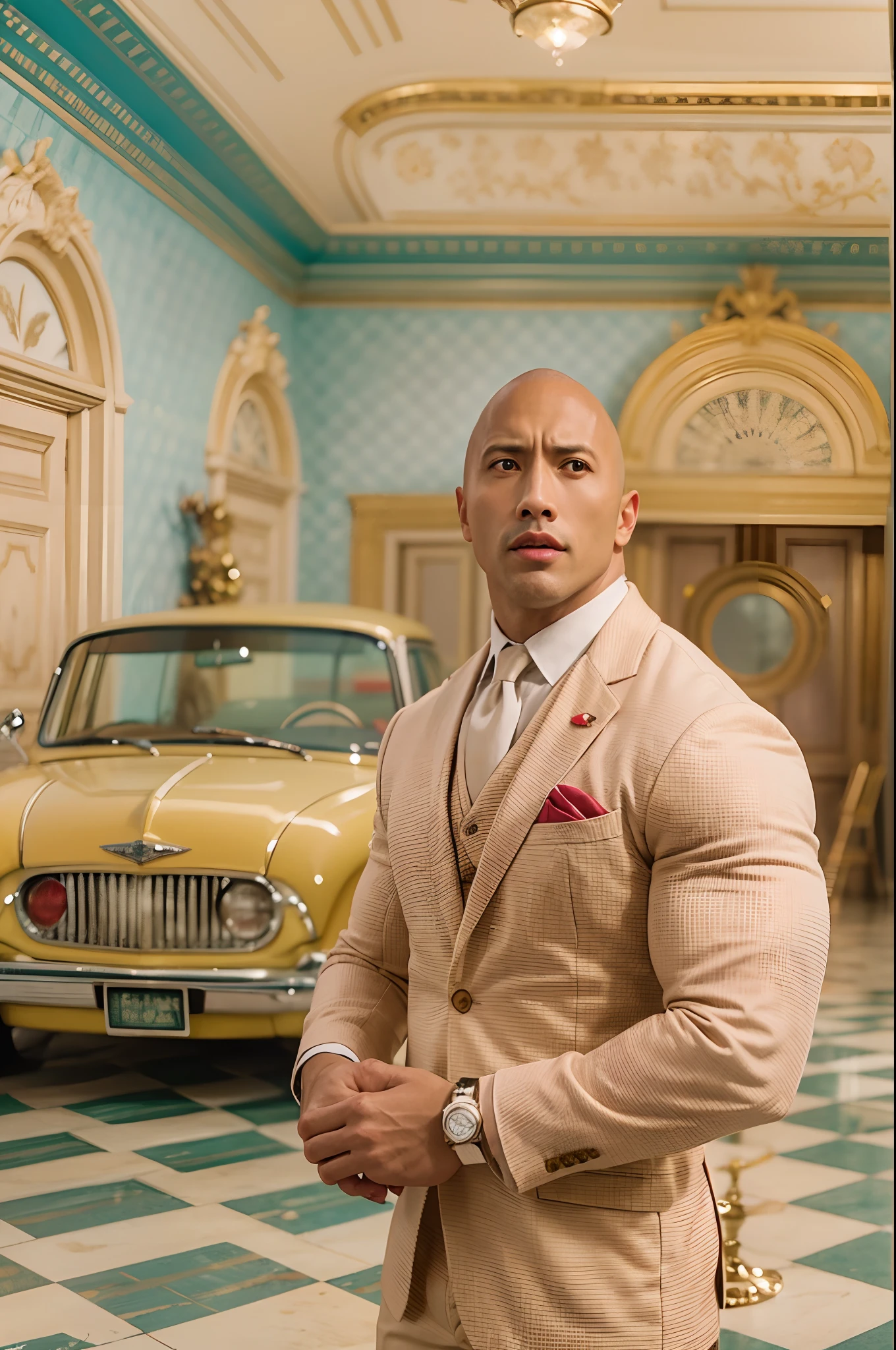 Vogue style photo shoot of Dwayne Johnson as character therock from the movie The Royal Tenenbaums pastel colored background in Wes Anderson style, hyper - realistic photography, Wes Anderson style, full body, in the style of Grand Budapest Hotel directed by Wes Anderson , low saturation, Super 8mm lens, Low angle shot, High Contrast cinematography effect, Natural Lighting, Desaturate color grading, high quality, ultra detail, 8k resolution,