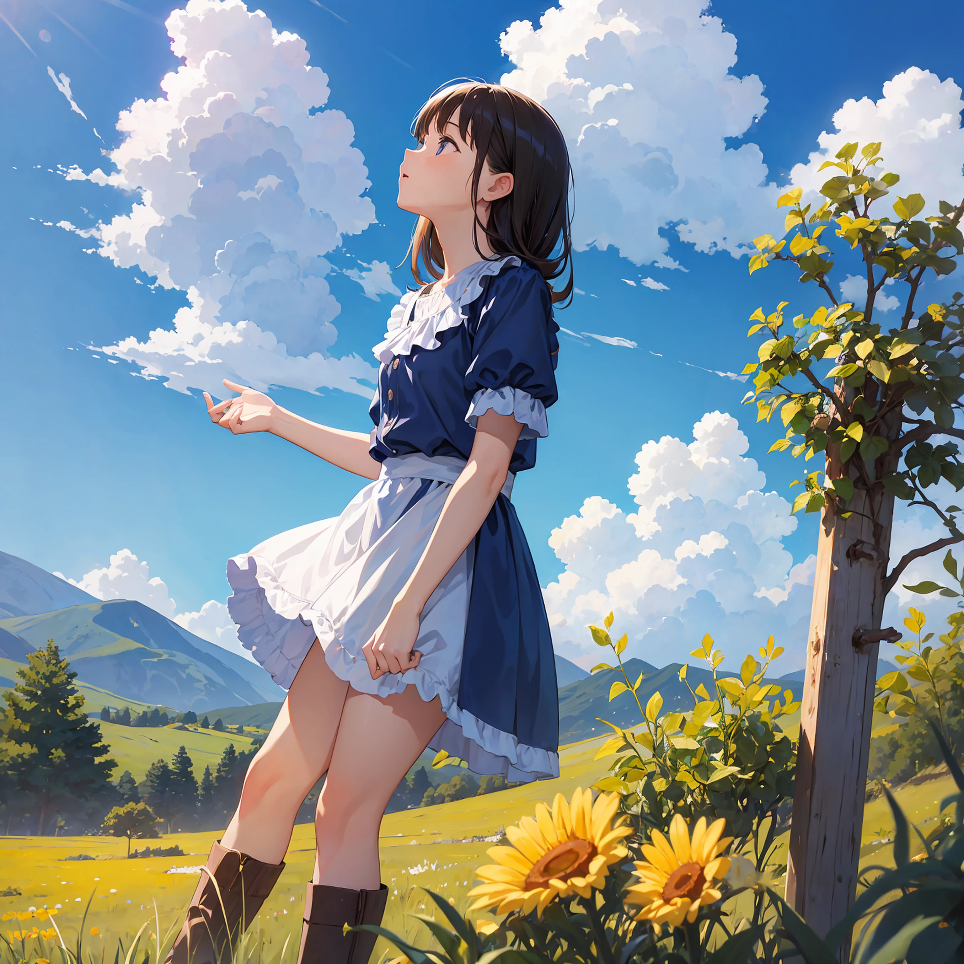 Girl on the Ranch,Looking up at the clear blue sky.