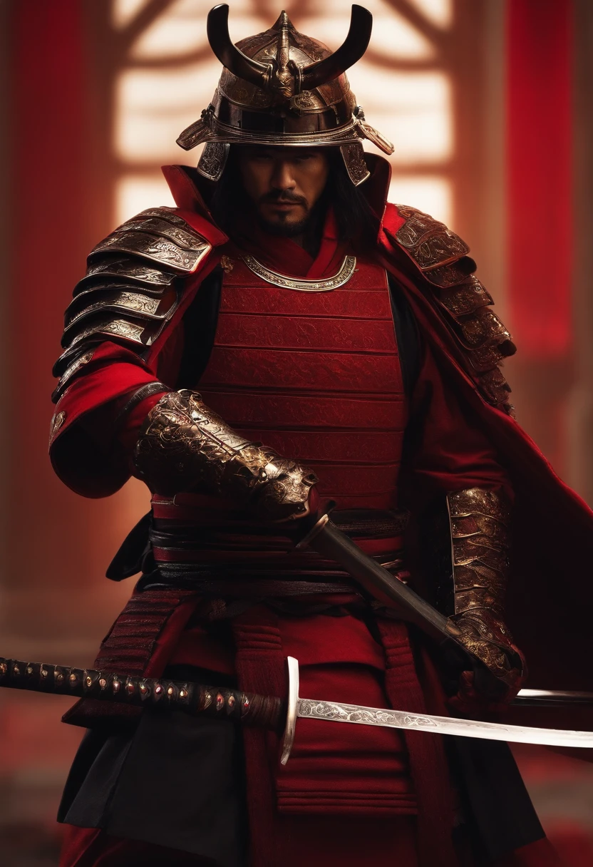 samurai com meu rosto e roupa escura, componentes de robo, com uma espada brilhando vermelho, de frente, fundo com meu rosto, realista,