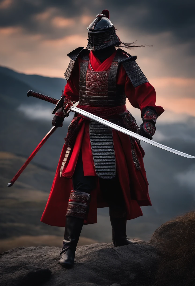 samurai com meu rosto e roupa escura, componentes de robo, com uma espada brilhando vermelho, de frente, fundo com meu rosto, realista,