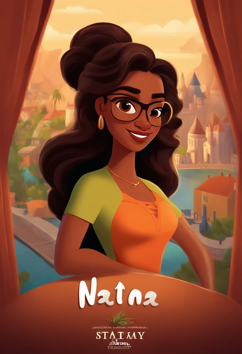 A Disney Pixar-inspired movie poster with the title Natalia. Brunette woman, Brown skin, Brown eyes, Low-cut dress,very long hair, oval glasses. The scene should be in Pixar's distinctive digital art style, focusing on the characters' expressions, vibrant colors, and detailed textures characteristic of their animations."