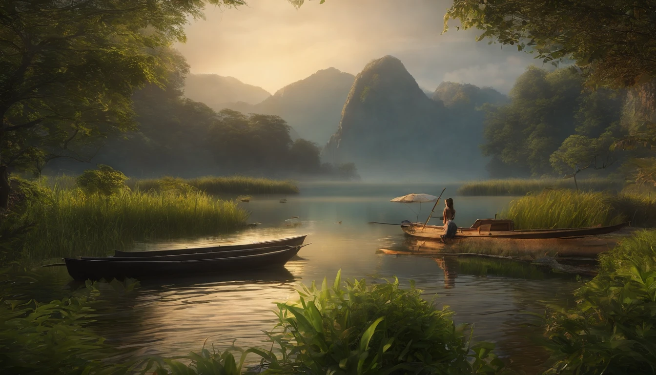 It showcases beautiful western lakes and green fields...On one side of the lake there is a towering peak..，A little boy sits in a gazebo.., On the other side is a dense forest...All images are colorful..、Refreshing & Natural，4K quality，Oil painting,Thailand in photos,The water is so clear，You can see the fish..,hyper HD,morning atmosphere, RAW photography, (((Very nice image.))), (Very nice image.))), , , ((, ((Masterpiece, best qualtiy, hyper-detailing, 电影灯光, intricately details, High-res, 10, Very detailed)), Detailed background, 10 Ultra HD, Digital SLR, Gentle lighting, High quality, Film Particle, Fujifilm XT3, Shallow depth of field, Natural light, Perfectcomposition