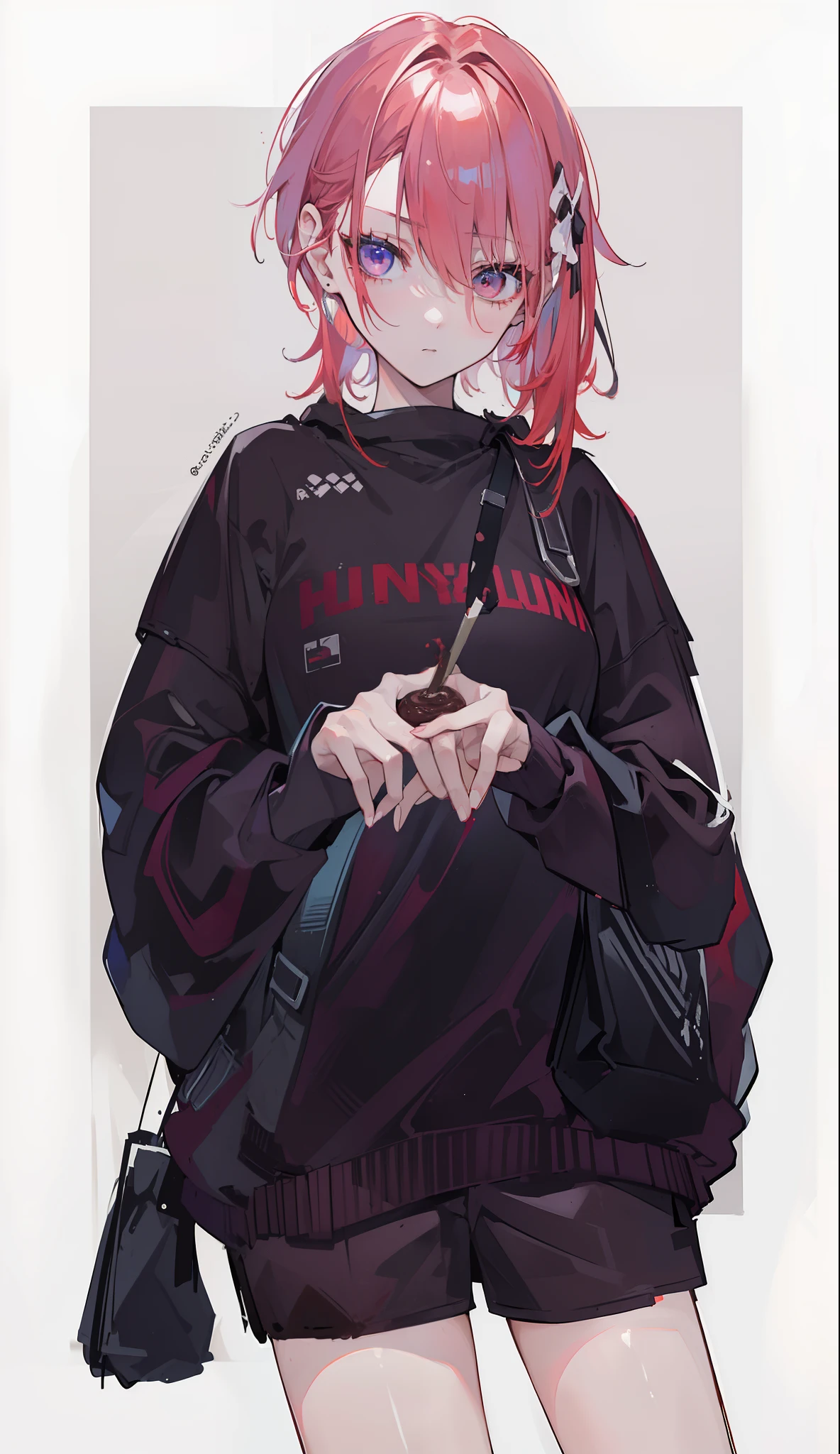 (best qualtiy, Masterpiece), (Cool handsome girl , 1girll , Solo, " Short hair girl,Mullet head,Handsome girl,looks into camera,Cold girl,mullet haircut,messy hair,Solid color clothes sweatshirt,Red hair in red bean paste,Smoking