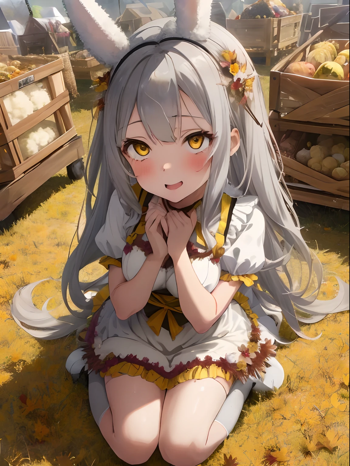 girl with,Light gray hair,Yellow eyes,Fluffy Bunny Girl,autumnal,Dress Sex,Harvest,Harvest Festival,omatsuri,busy,Kamimei,Prayer Pose