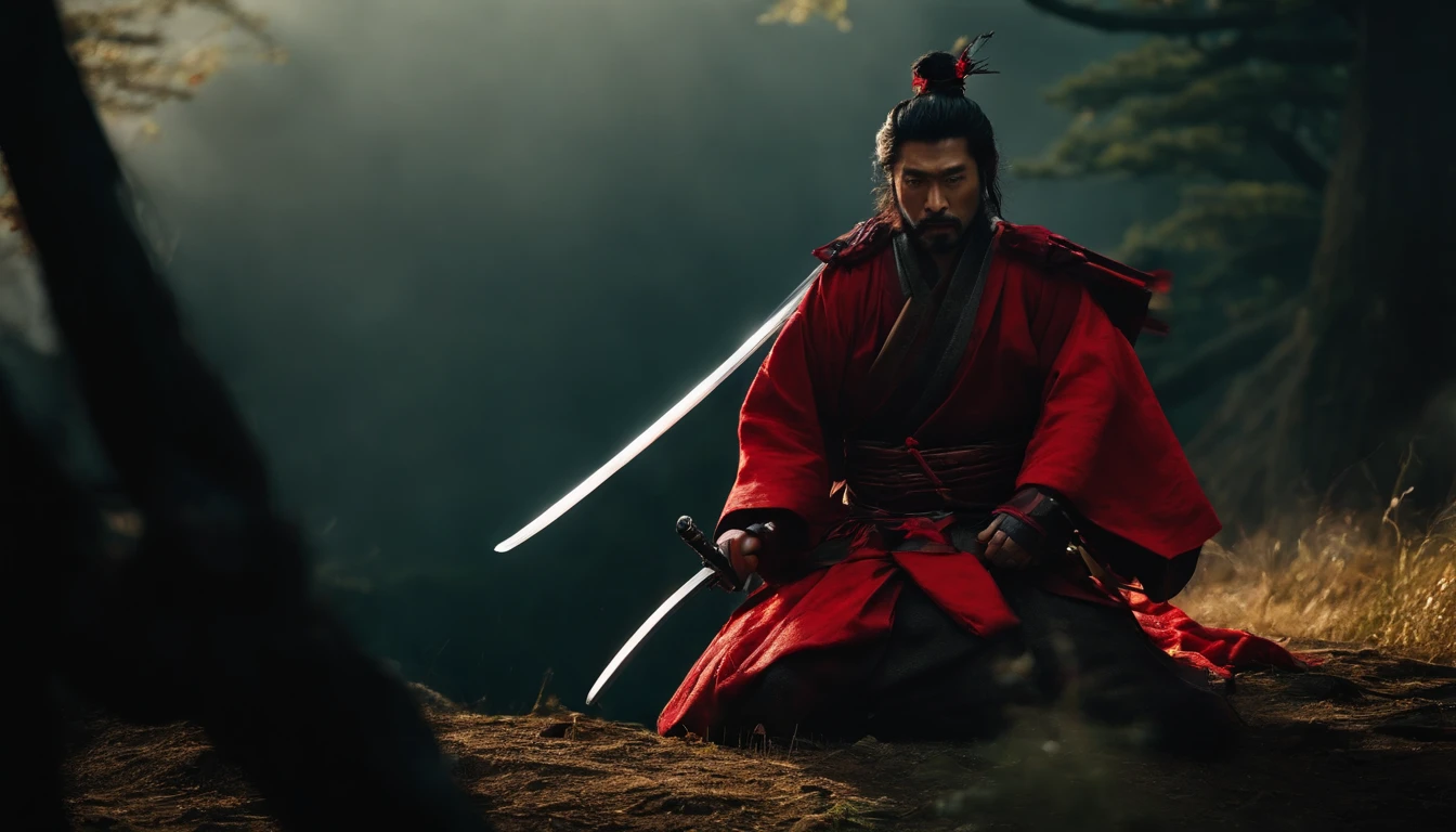 samurai com meu rosto e roupa escura, componentes de robo, com uma espada brilhando vermelho, de frente, fundo com meu rosto, realista,