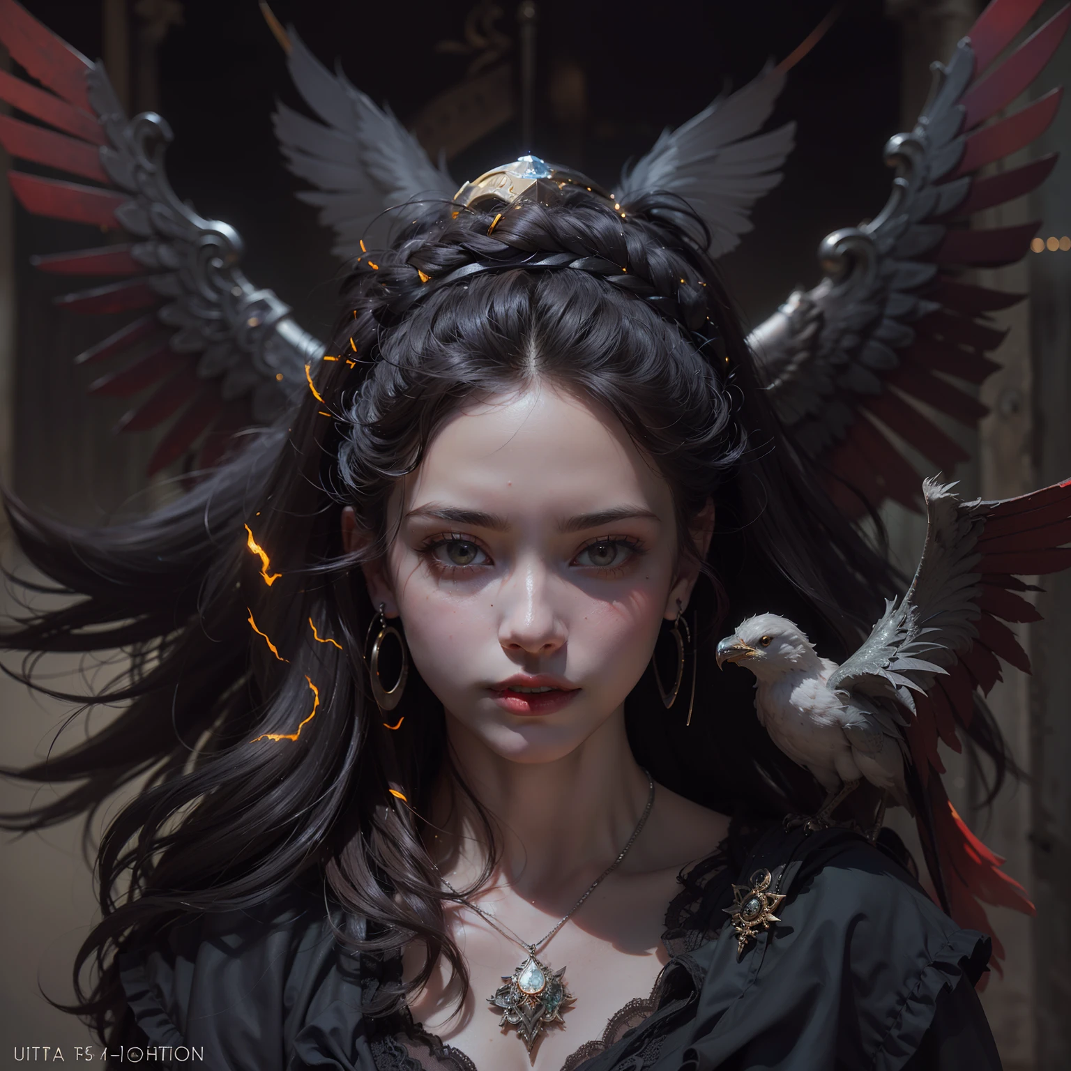 (Numerous award-winning masterpieces of, With incredible details, textures and maximum detail), (full-body standing image:1.8), (Ultra photo realsisim:1.4), (up of the upper body:0.3), (Realistic:1.3), (best quality real texture skin), ((The Devil of the Lord)), (Fine true circle Symmetrical eyes), (A beautifully drawn face), (Decadence image: 1.6), (aesthetic image: 1.7), (Seductive image:1.4), (Aesthetically enticing gaze:1.4), ((medieval world)), (Elegant and decadent black clothing,Superb workmanship: 1.8), (icy look in the eye), (Laugh cruelly), (A sinister look full of malice), (Her countenance is gentle and beautiful, but somehow terrifying), (Eyes that glow red in the dark:1.5), (Majestic thunderclouds and glittering skies: 1.4), (halo optical phenomenon:1.3), (Dramaticlight), (A majestic sight), ((large wings,The feathers are behind the shoulders)), (Folded wings), Glass earrings on the ears, (full-body standing image:1.8), (((Dramatic photo))), (Twilight), (Sunset), (Dusk), (Seduction pose), (dramatic pose), (Golden hair), (Silver hair), (Maroon hair), short detailed hair, ((full-body portraits)), ((head looking up)), ((Looking down)), (Around her neck is a simple necklace of exquisite workmanship), (swirling fire), (Spin lightning), (full-body standing image:1.8), Old ruins infested with plants, great temple, great cathedral, Temple ruins, detached temple, (Luminous magic circle:1.4), Ancient Castle Site, Deserted ruins, crumbling ruins, Ancient ruins with clear water, Shining majestic cloud masses and sky, salama, Highly detailed, Ultra-realistic, Intricate details, Painting (artwork of a), Ultra photo realsisim, fearsome, Dark fantasy, holy rays, epic realistic, Faded, ((com cores neutras)), art, (hdr:1.5), (pastel colour:1.2), ultra - detailed, (Art Station:1.5), Cinematic, warm lights, Light effect, Dramaticlight, (Intricate details:1.1), the complex background, (greg rutkovsky:0.8), (Teal and orange:0.4),