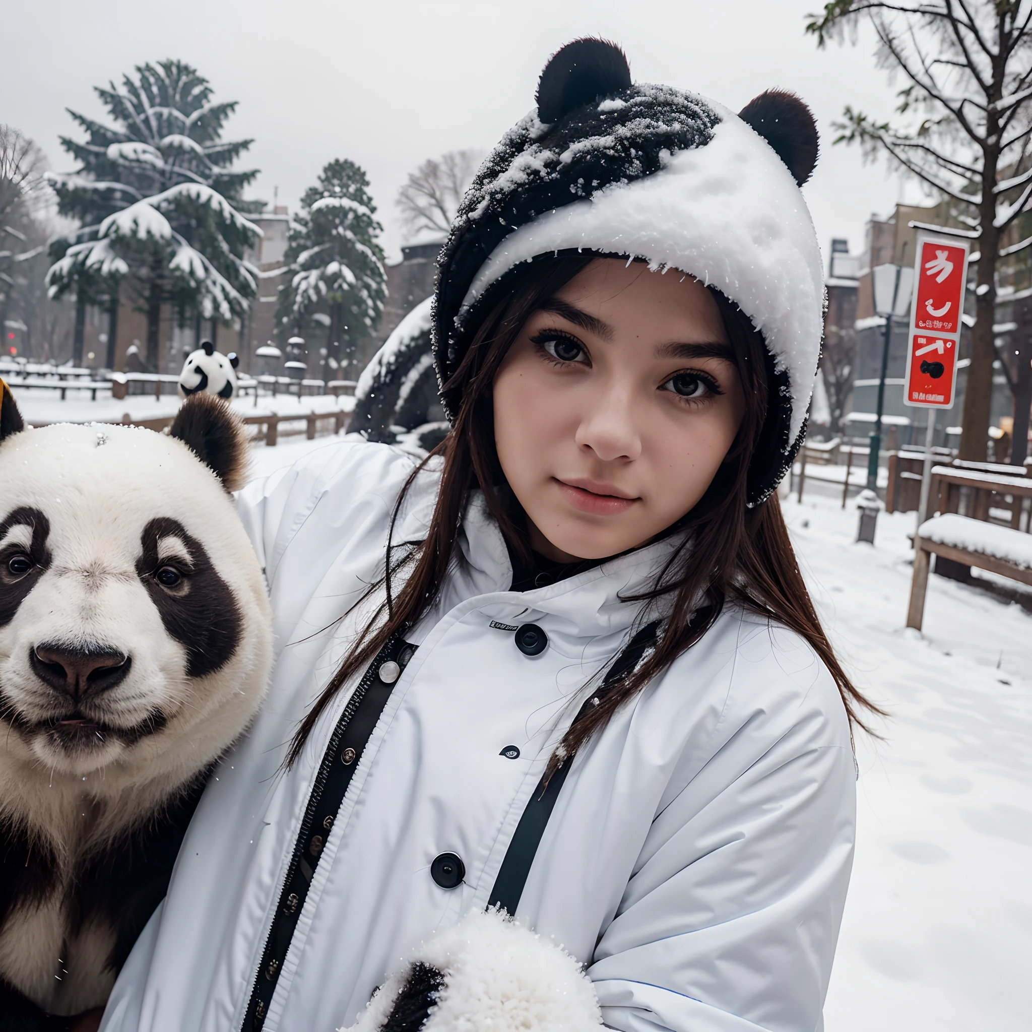 Portrait of an 18 year old woman taking a selfie with a panda at close range, wearing a jacket, snow background