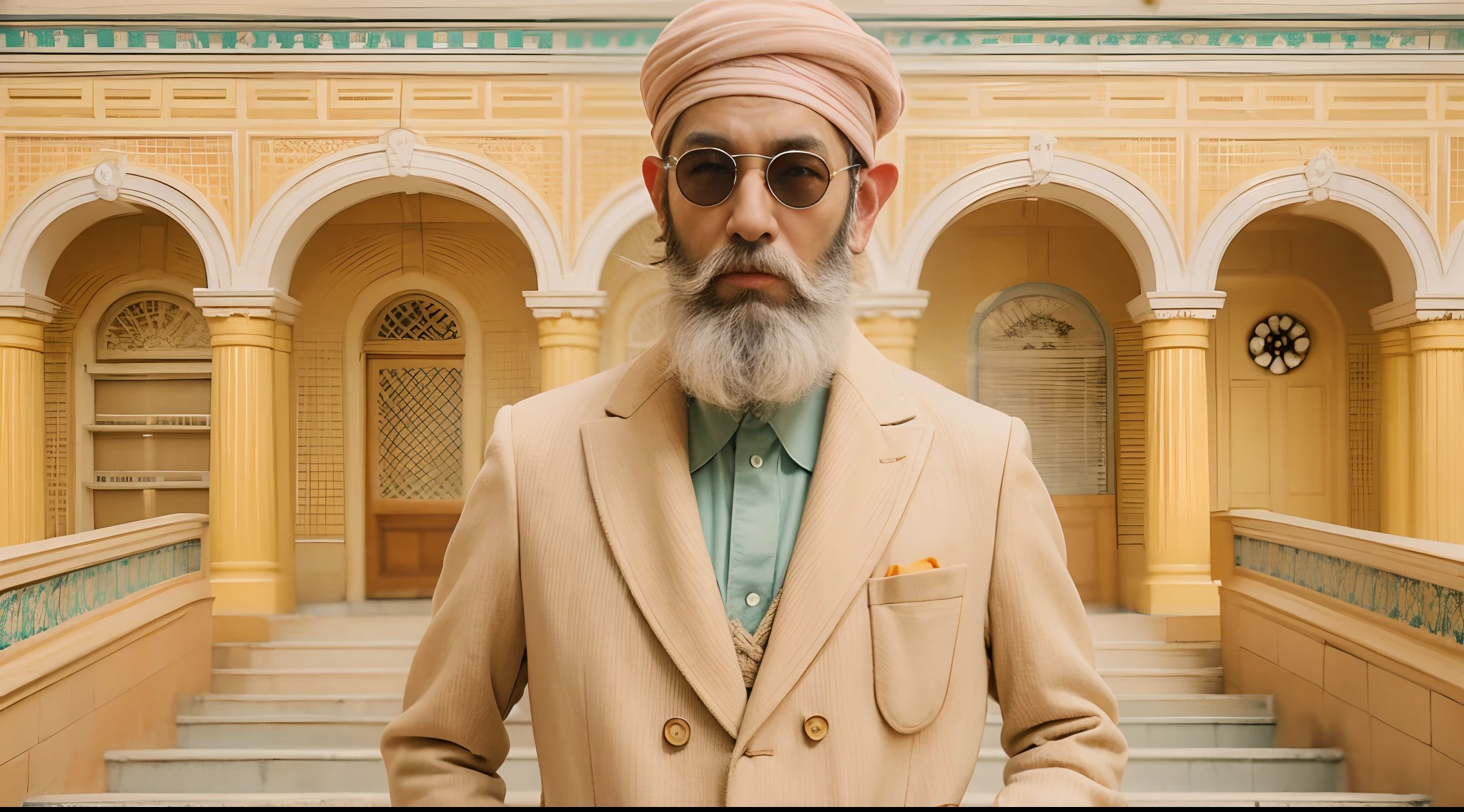 Vogue style photo shoot of malay matured beard man pastel colored background in Wes Anderson style, hyper - realistic photography, Wes Anderson style, full body, in the style of Grand Budapest Hotel directed by Wes Anderson , low saturation, Super 8mm lens, Low angle shot, High Contrast cinematography effect, Natural Lighting, Desaturate color grading, high quality, ultra detail, 8k resolution,