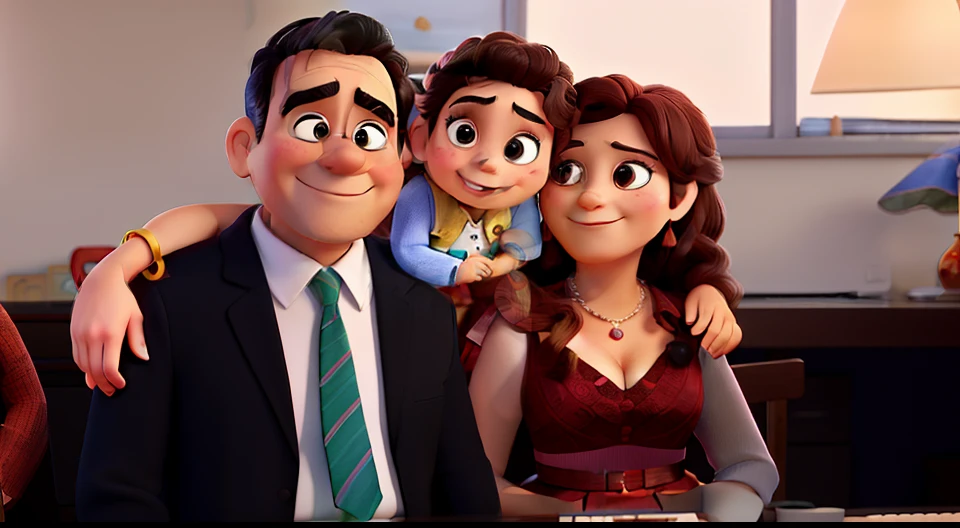 uma familia composta por um homem de terno de 55 anos, a 30-year-old woman in the center and a 45-year-old mother in a red dress, desenho no estilo disney pixar, alta qualidade, melhor qualidade