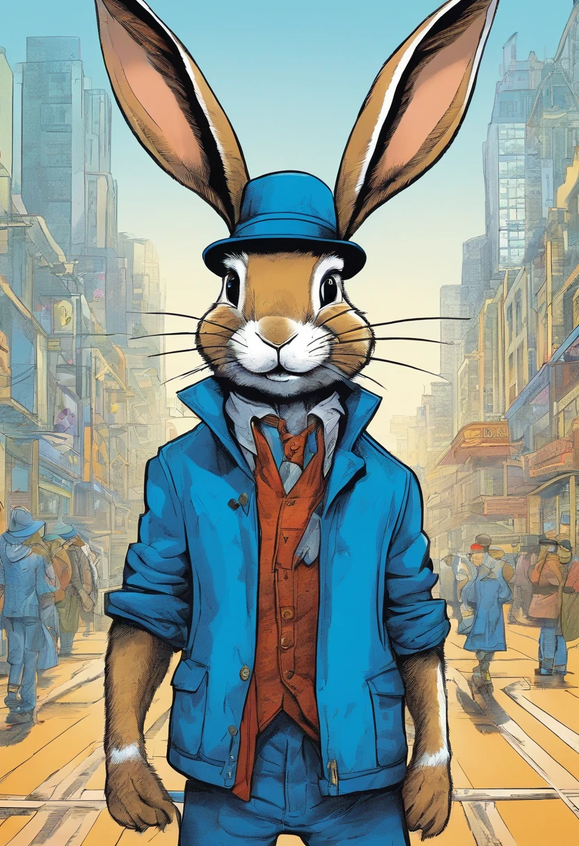 Rabbit wearing a blue hat and blue coat,