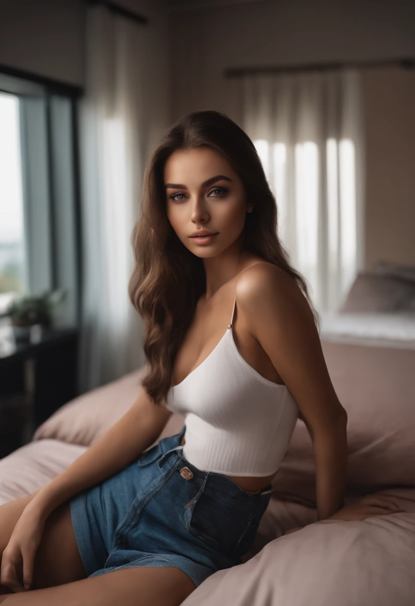 arafed woman fully , sexy girl with brown eyes, ultra realistic, meticulously detailed, portrait sophie mudd, brown hair and large eyes, selfie of a young woman, dubai eyes, violet myers, without makeup, natural makeup, looking directly at the camera, face with artgram, subtle makeup, stunning full body shot kneeling on bed, in bedroom, medium to large size bust