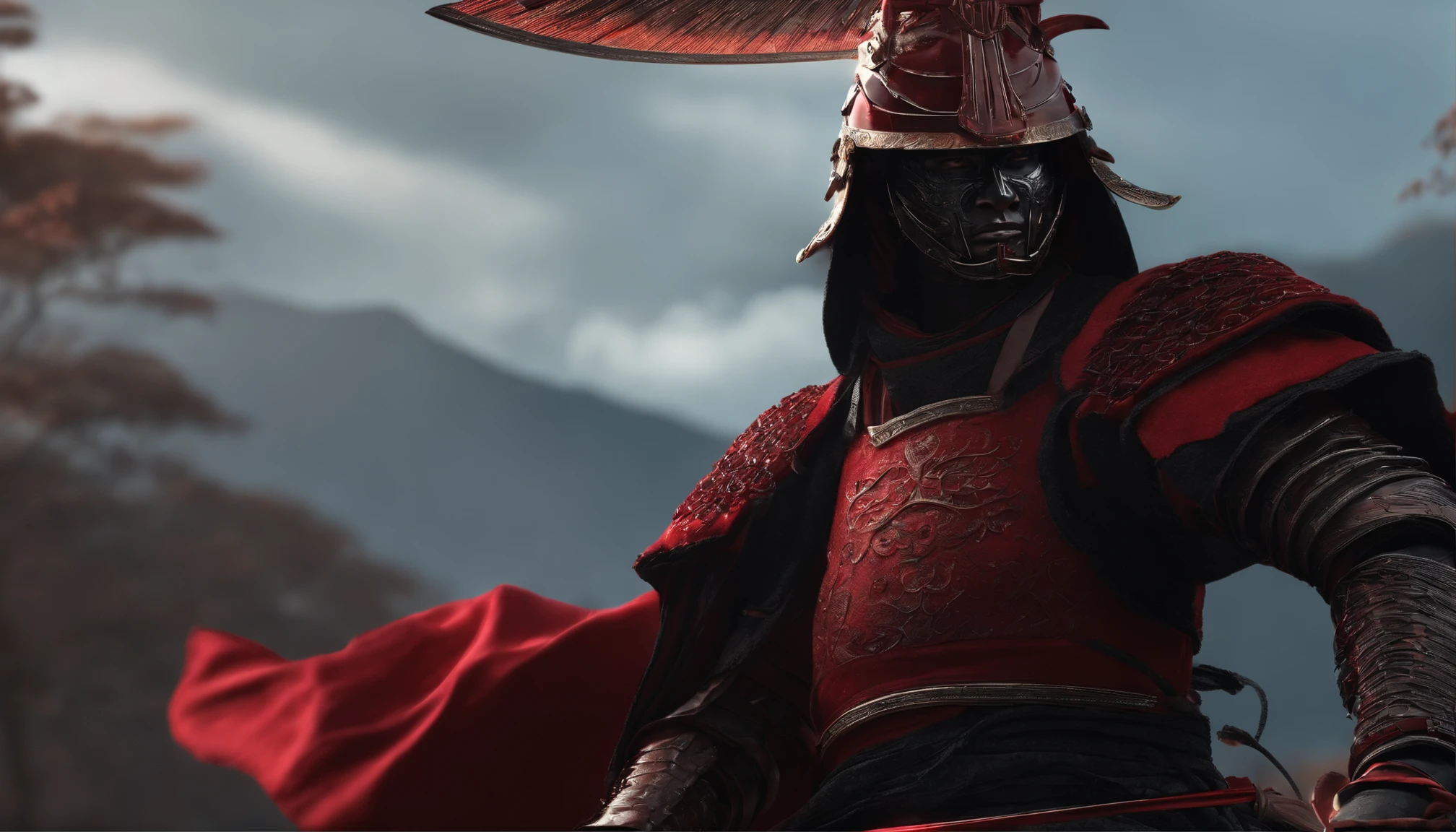 samurai com meu rosto e roupa escura, componentes de robo, com uma espada brilhando vermelho, de frente, fundo com meu rosto, realista,